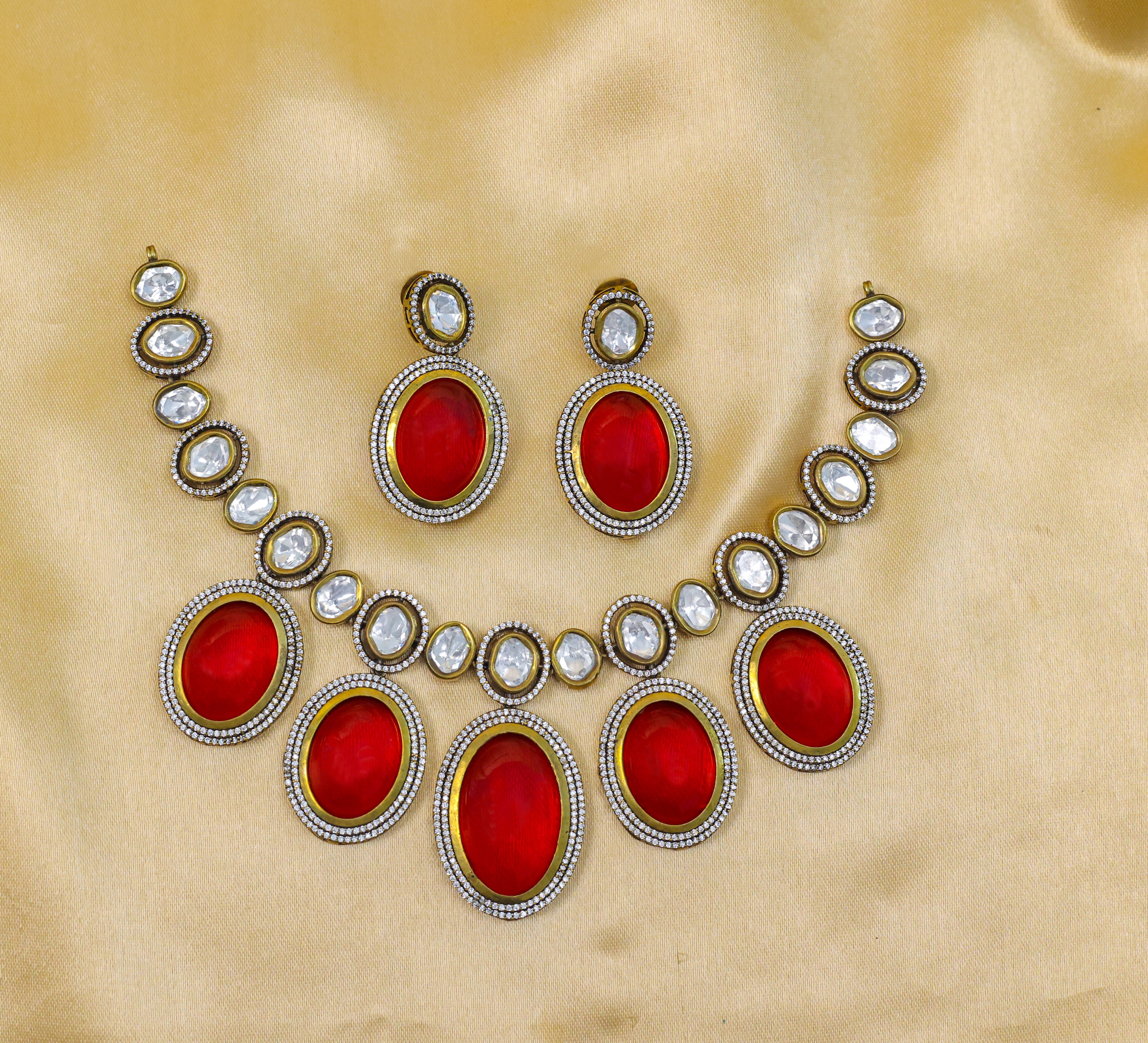 Victorian-Inspired Necklace Set with Hydro Stones & Kundan Polki - Adisha Jewels