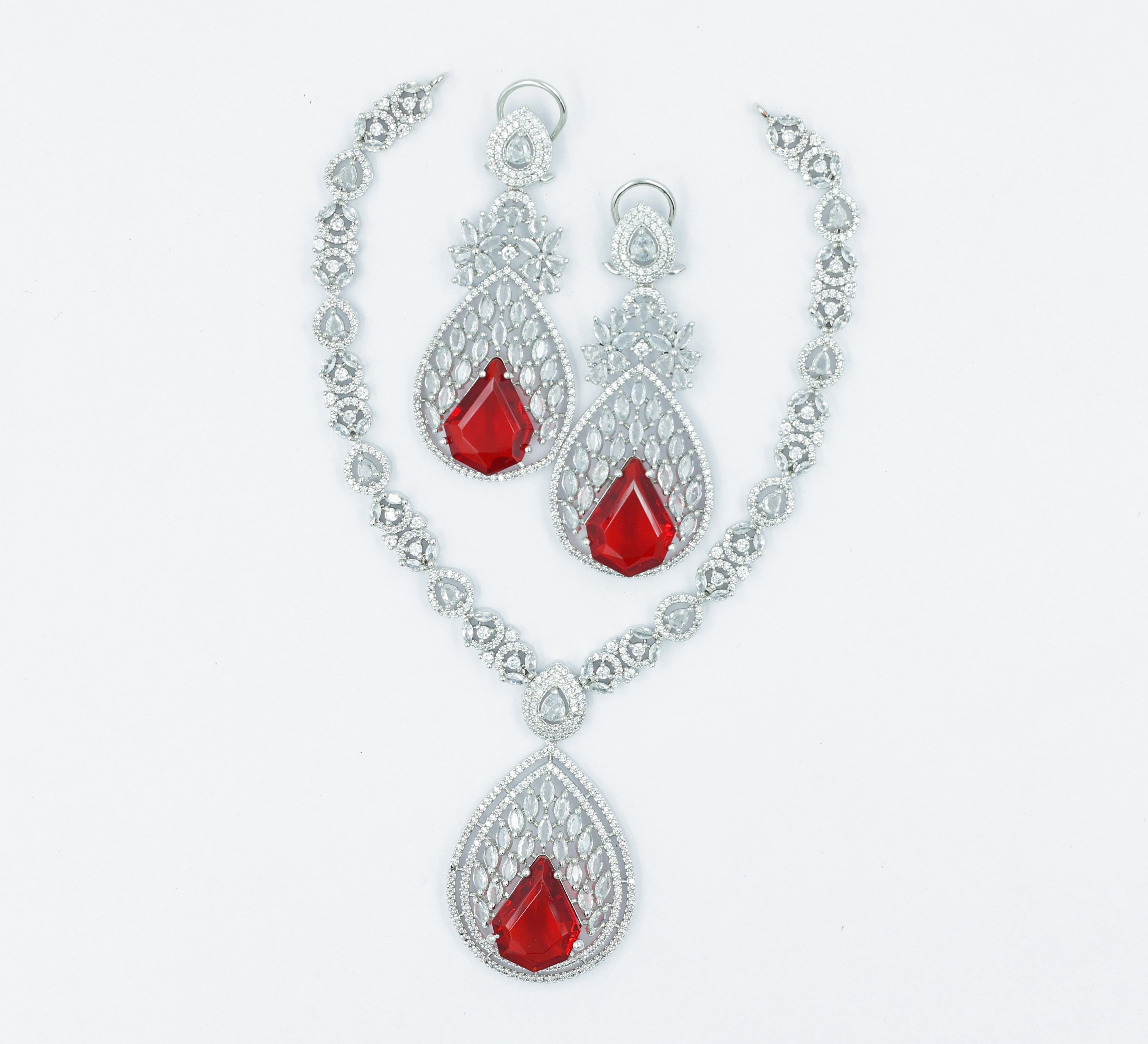 White Rhodium Necklace Set with Cubic Zirconia and Hydro Stones - Adisha Jewels