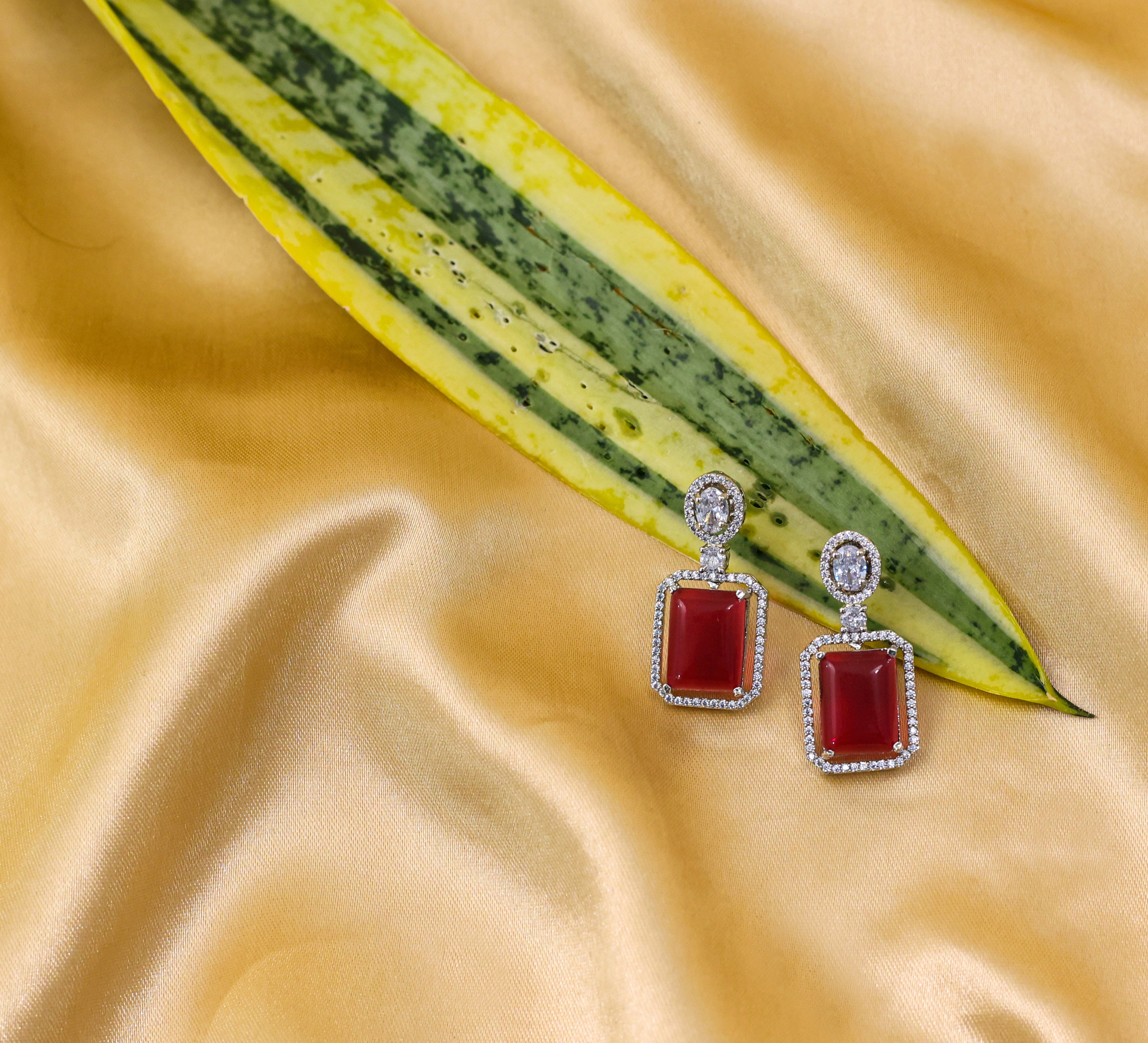 Earrings with Doublet Potta Stones and CZ Accents in White Rhodium - Adisha Jewels