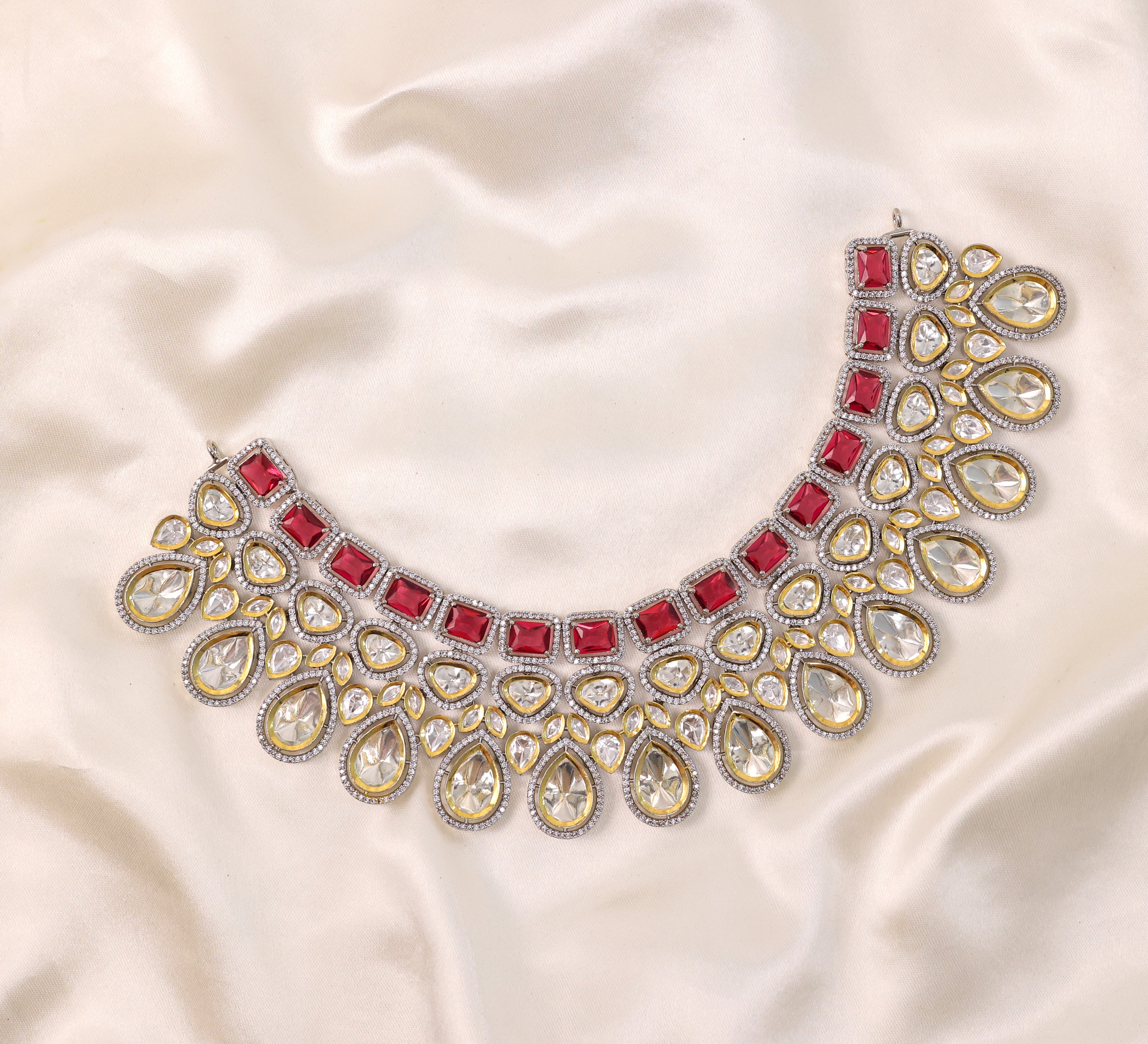 Victorian-Inspired Kundan Polki Necklace Set with Hydro Stones - Adisha Jewels