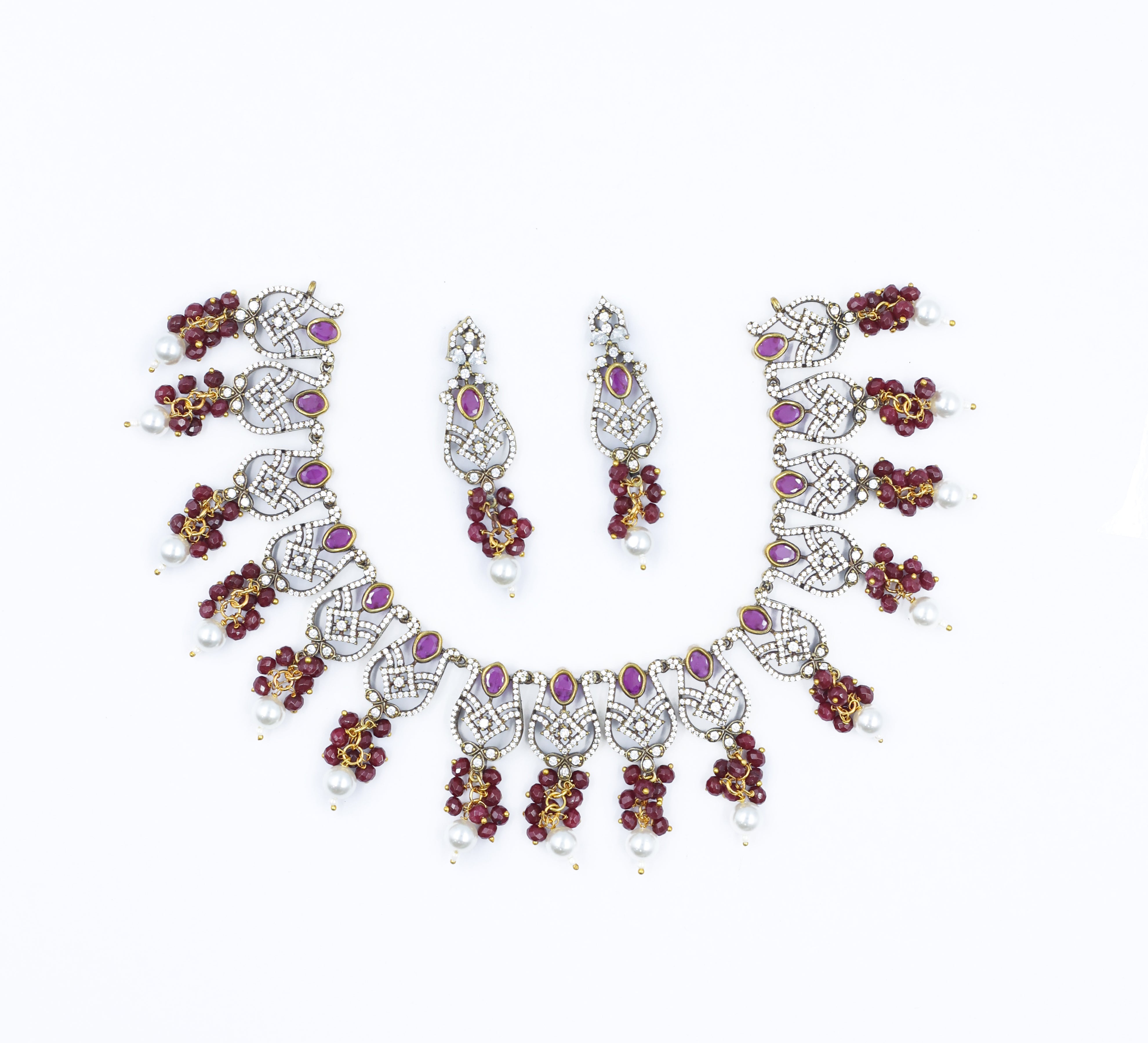 Victorian Antique Necklace Set with Colored Stones and American Diamonds - Adisha Jewels