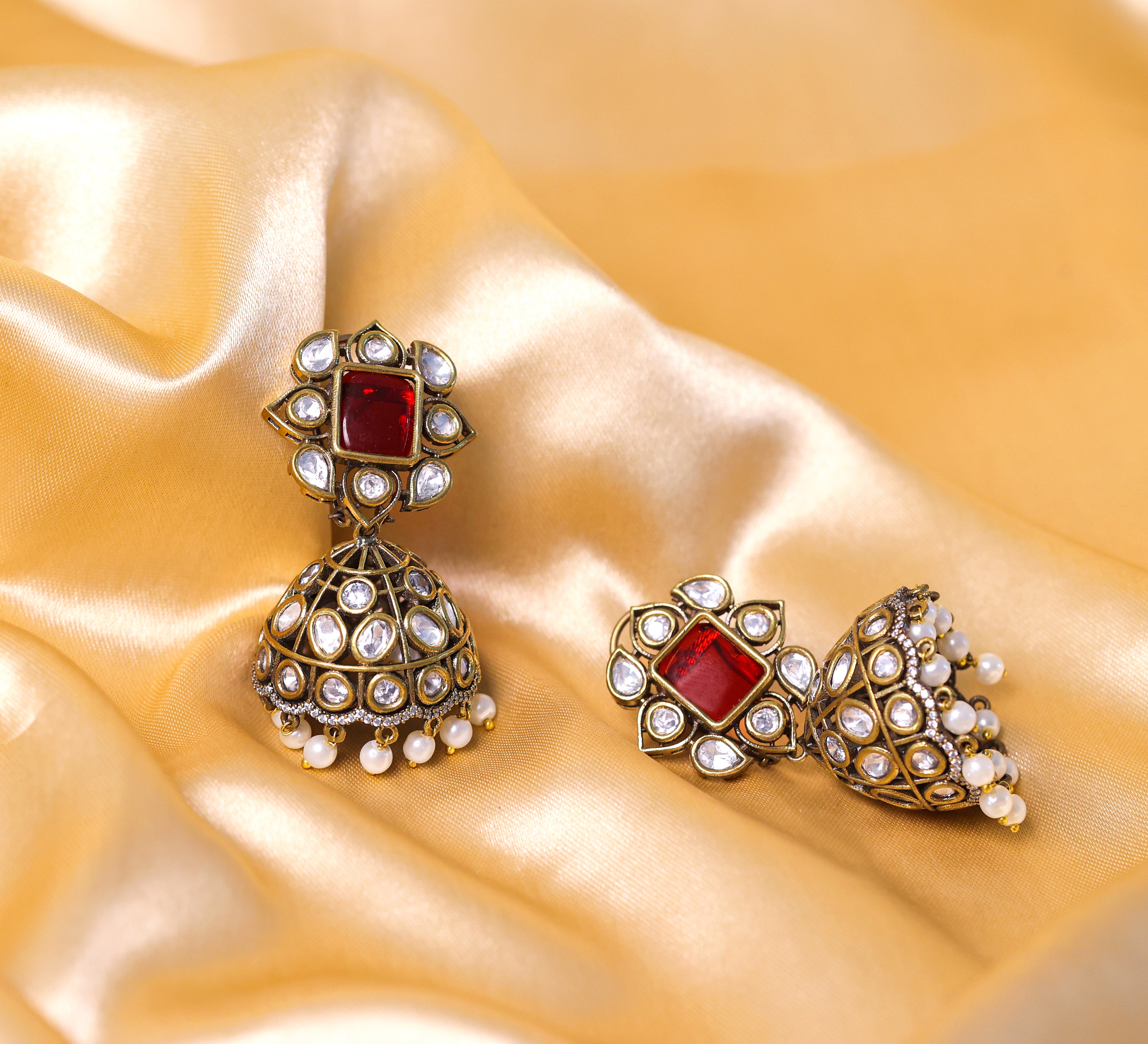 Silver Foil Victorian Jhumki Earrings with Kundan Polki and Hydro Stones - Adisha Jewels