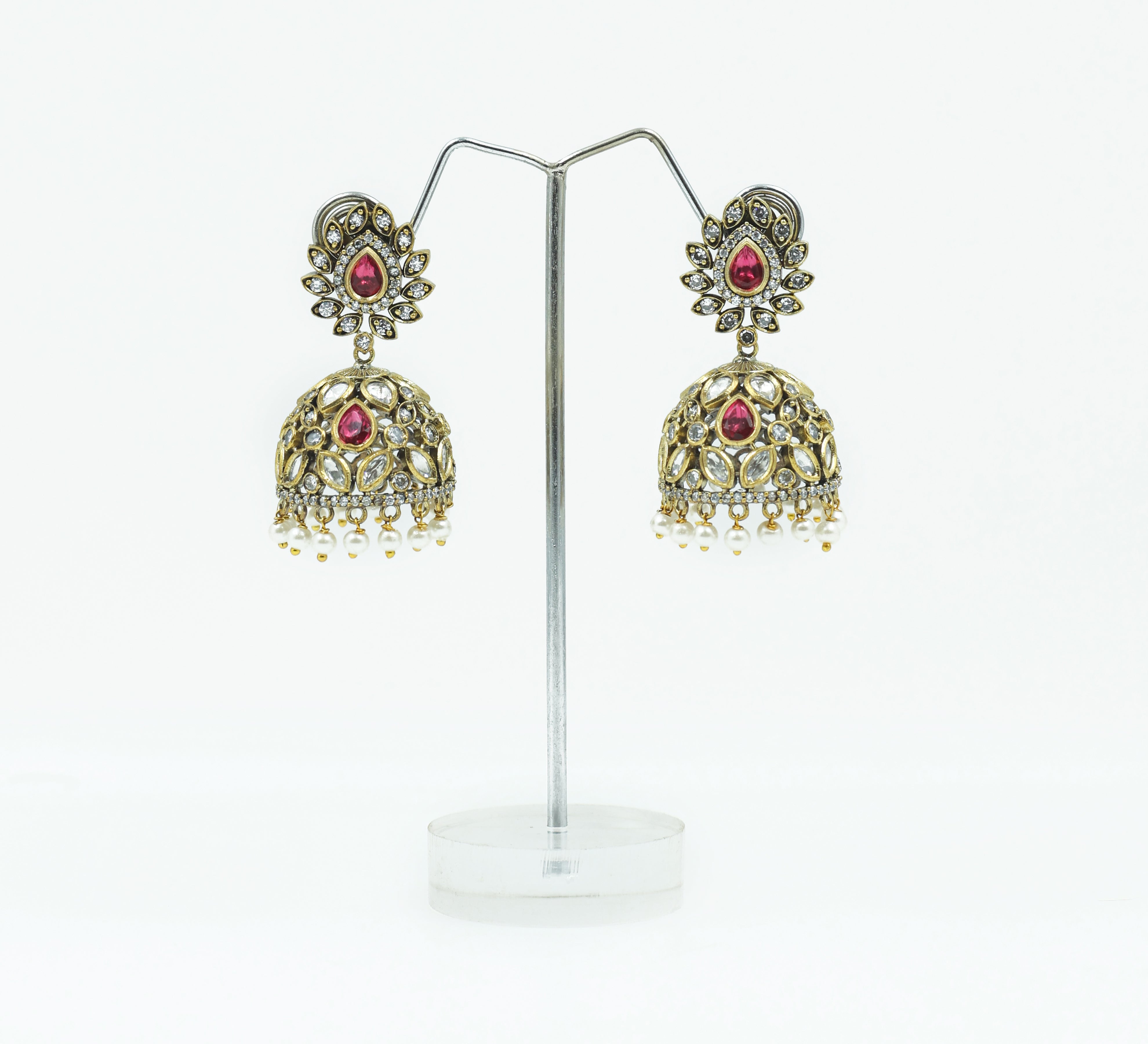 Silver Foil Victorian Jhumki Earrings with Kundan Polki and Hydro Stones - Adisha Jewels