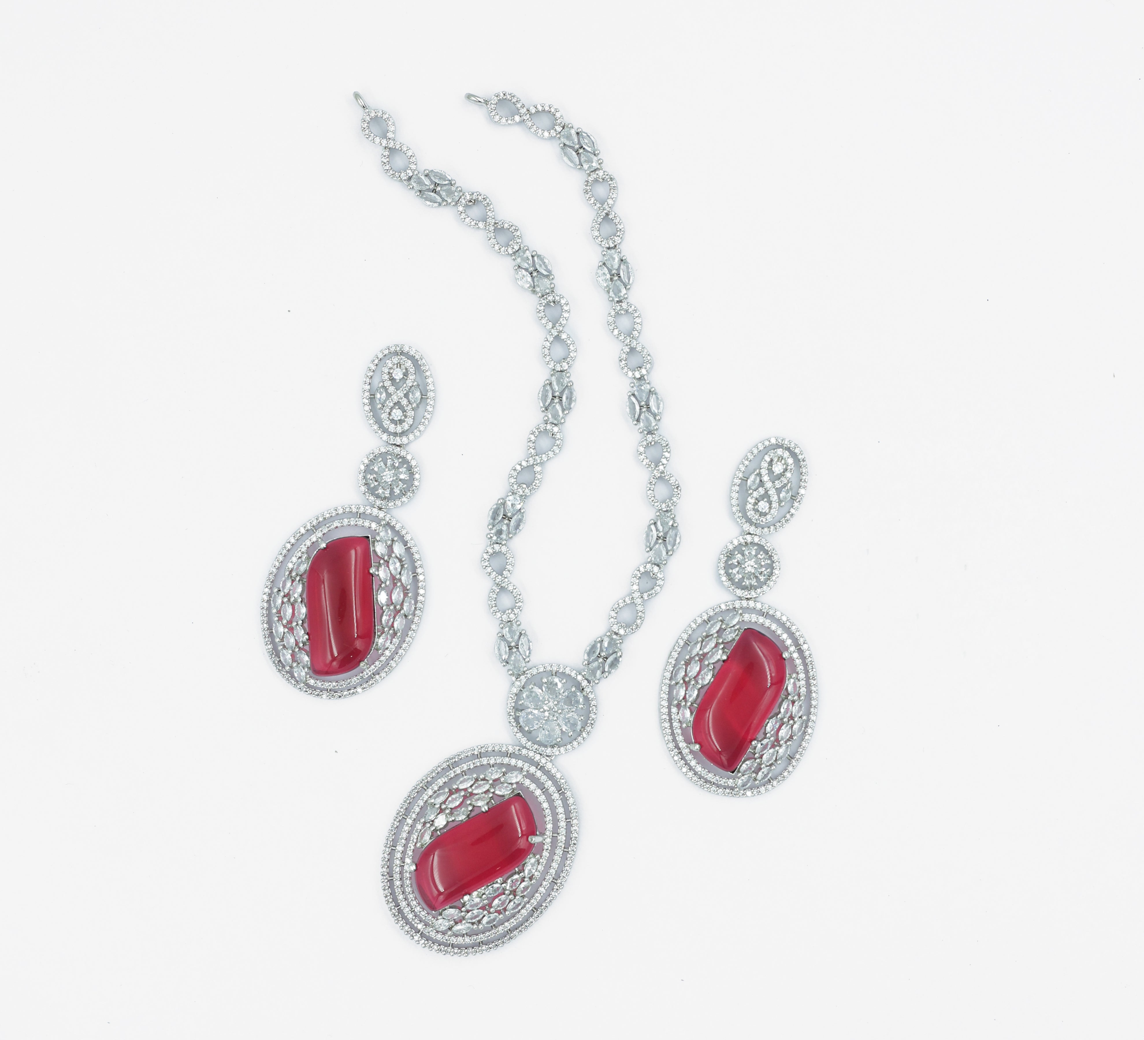 White Rhodium Necklace Set with Cubic Zirconia and Hydro Stones - Adisha Jewels