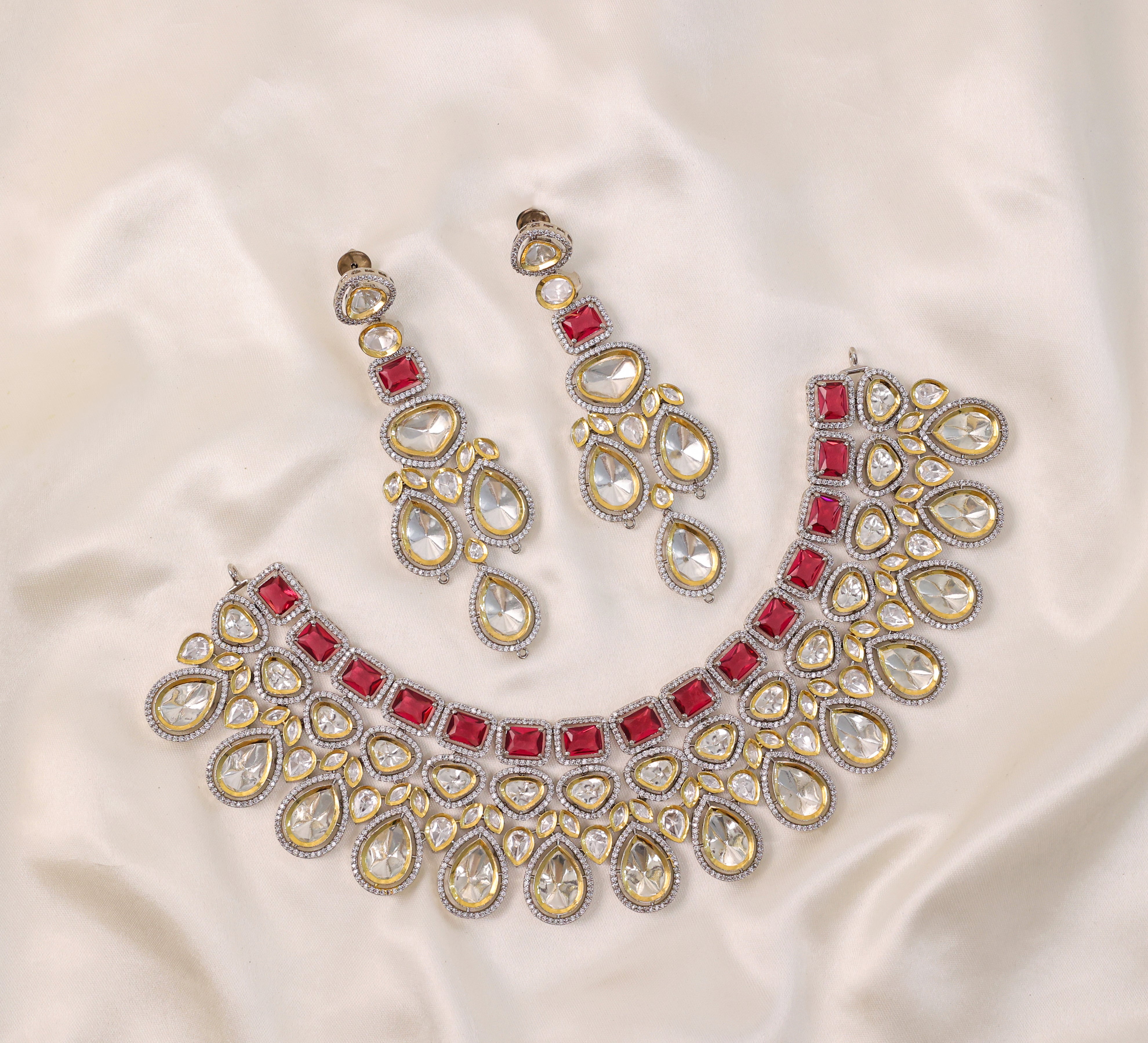 Victorian-Inspired Kundan Polki Necklace Set with Hydro Stones - Adisha Jewels