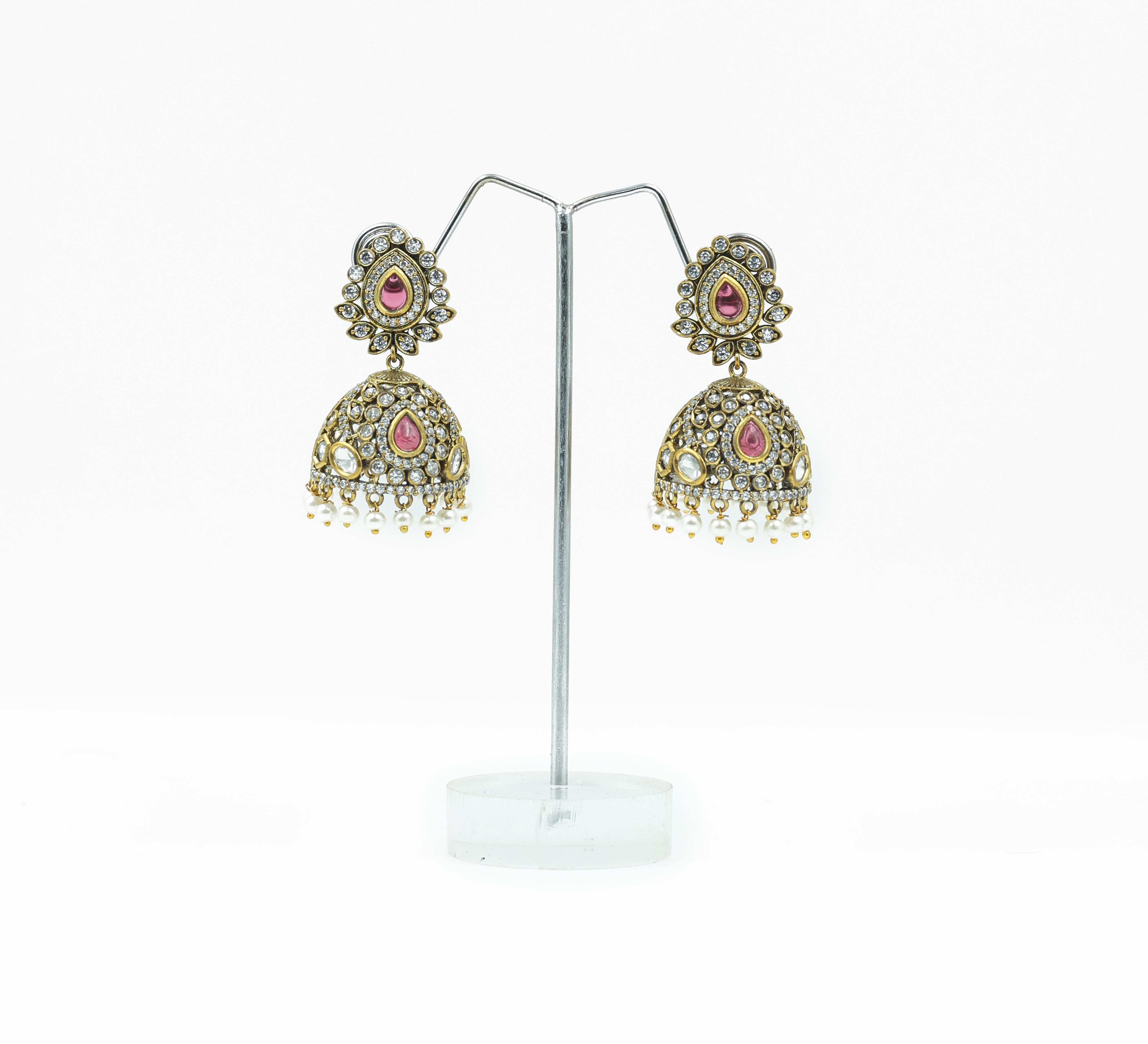 Silver Foil Victorian Jhumki Earrings with Kundan Polki and Hydro Stones - Adisha Jewels