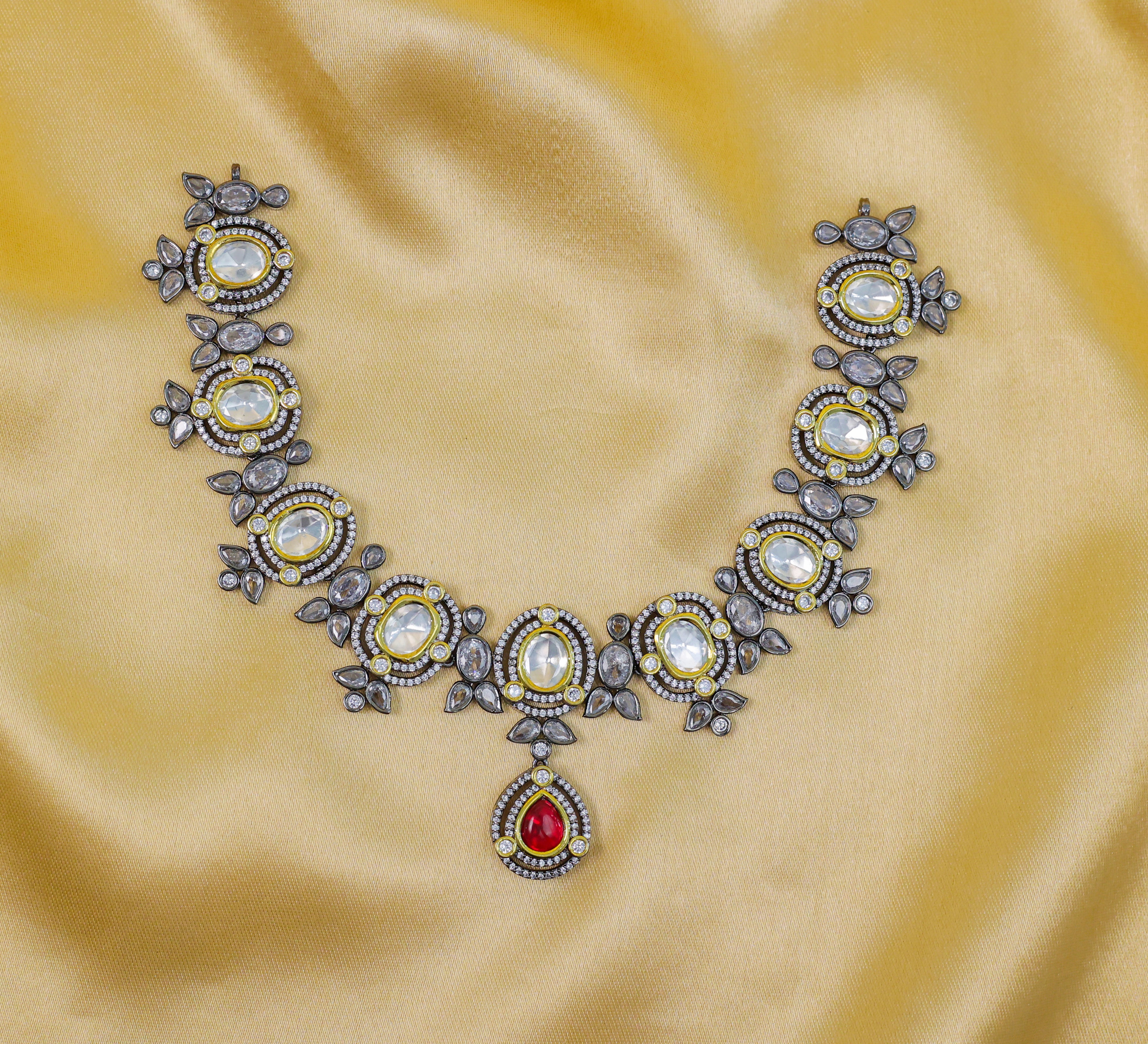 Victorian-Inspired Necklace Set with Hydro Stones & Kundan Polki - Adisha Jewels