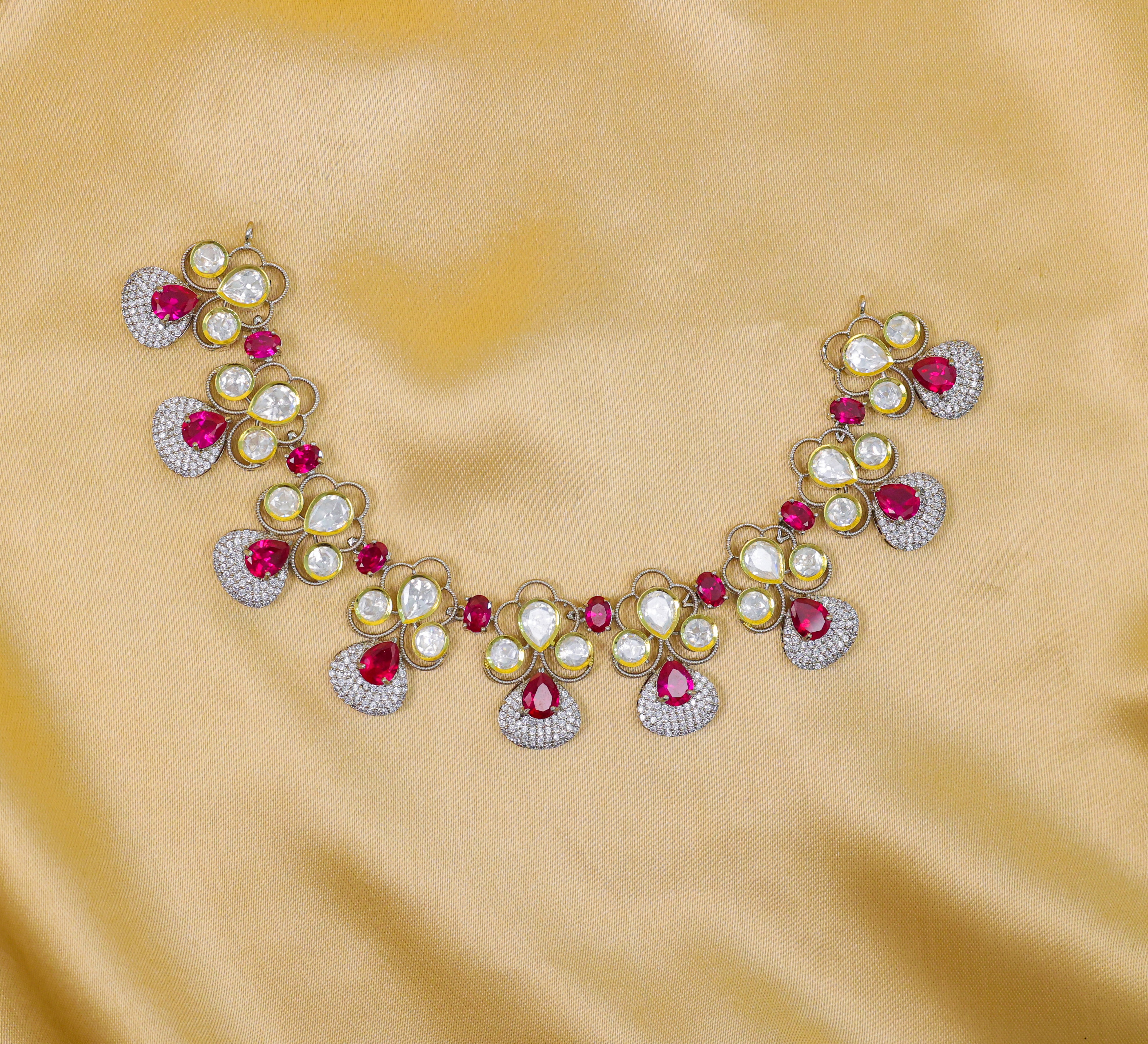 Victorian-Inspired Necklace Set with Hydro Stones & Kundan Polki - Adisha Jewels