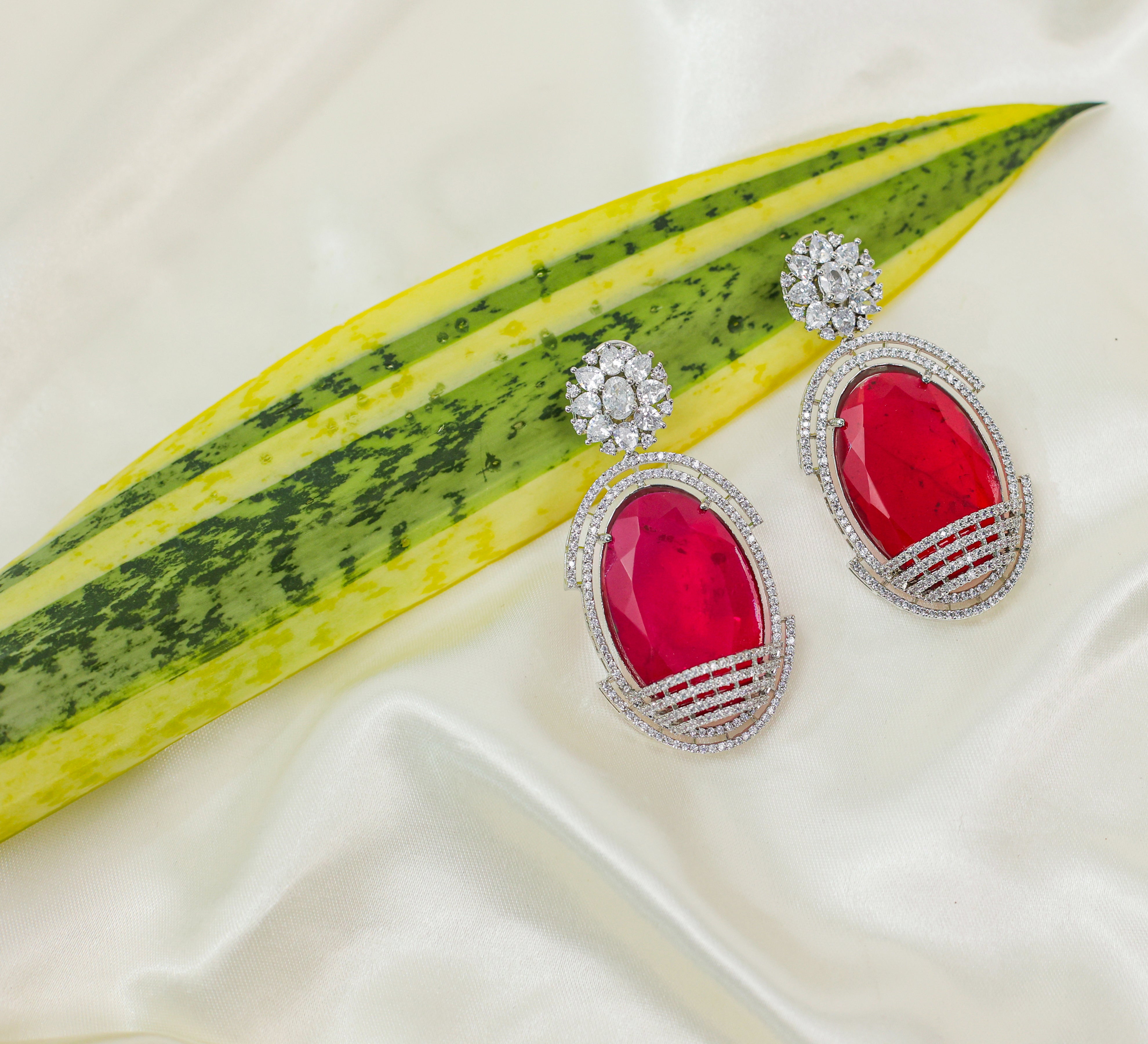 Doublet Stones Earrings with White Rhodium Plating - Adisha Jewels