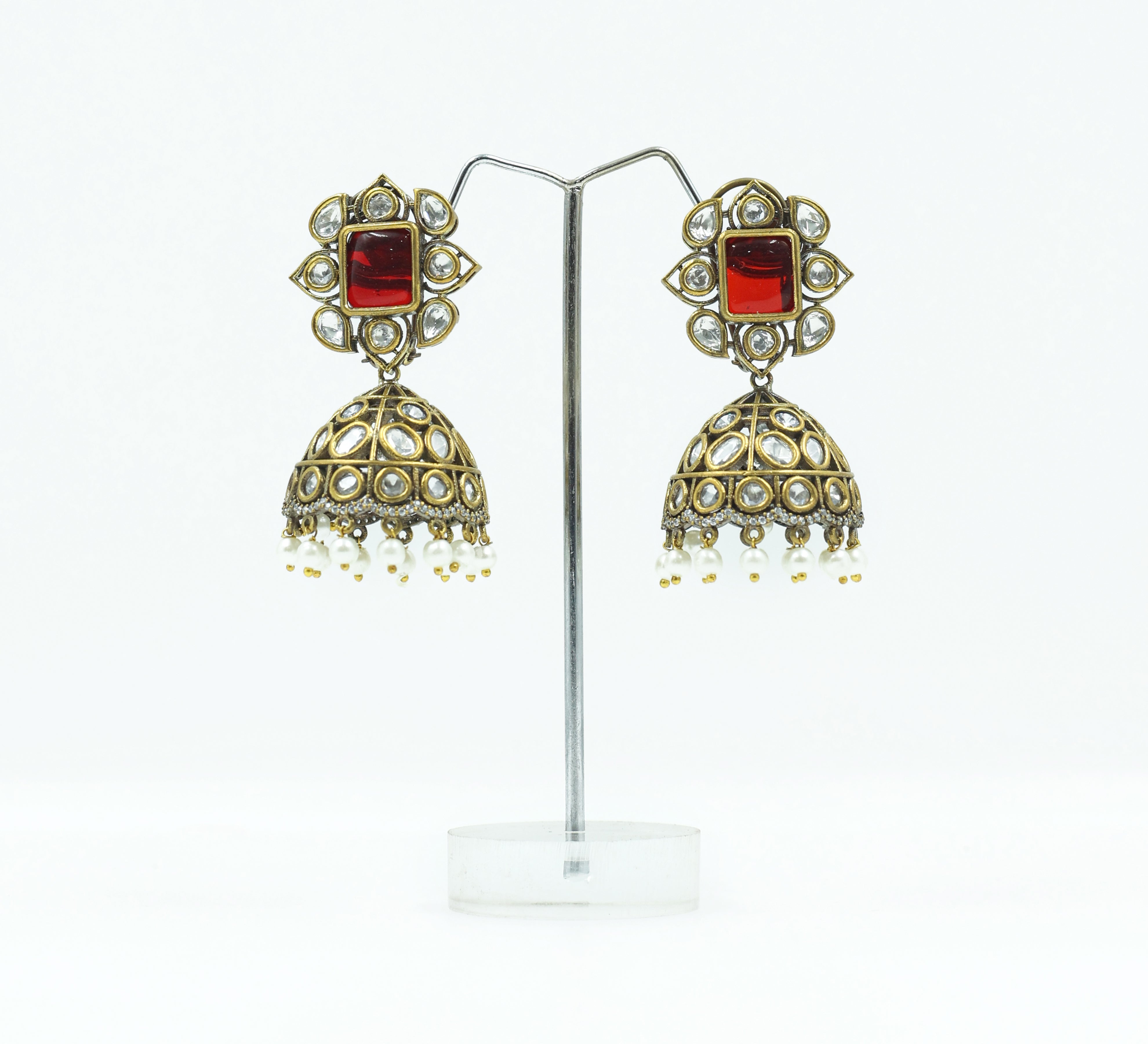 Silver Foil Victorian Jhumki Earrings with Kundan Polki and Hydro Stones - Adisha Jewels