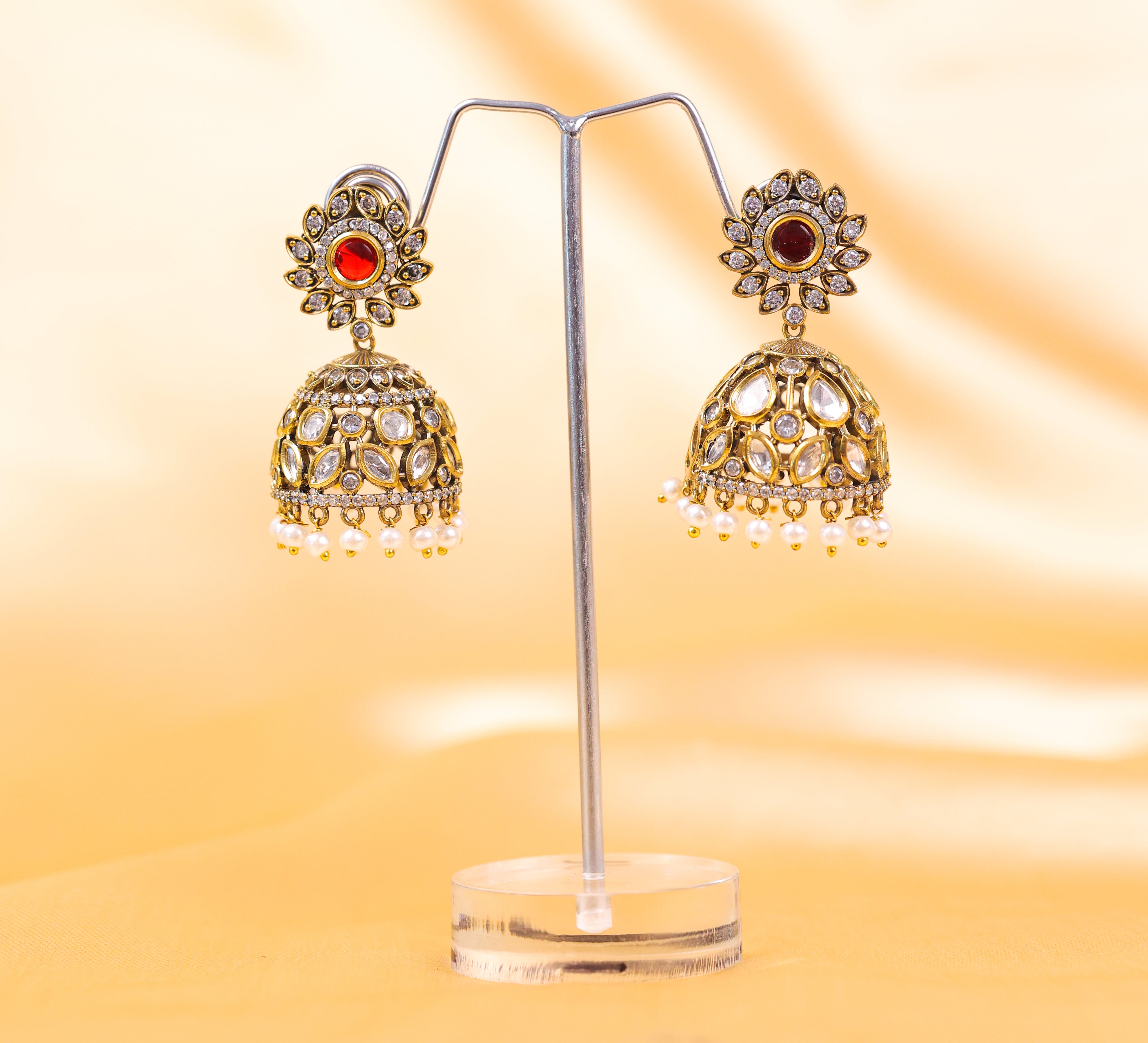 Silver Foil Victorian Jhumki Earrings with Kundan Polki and Hydro Stones - Adisha Jewels