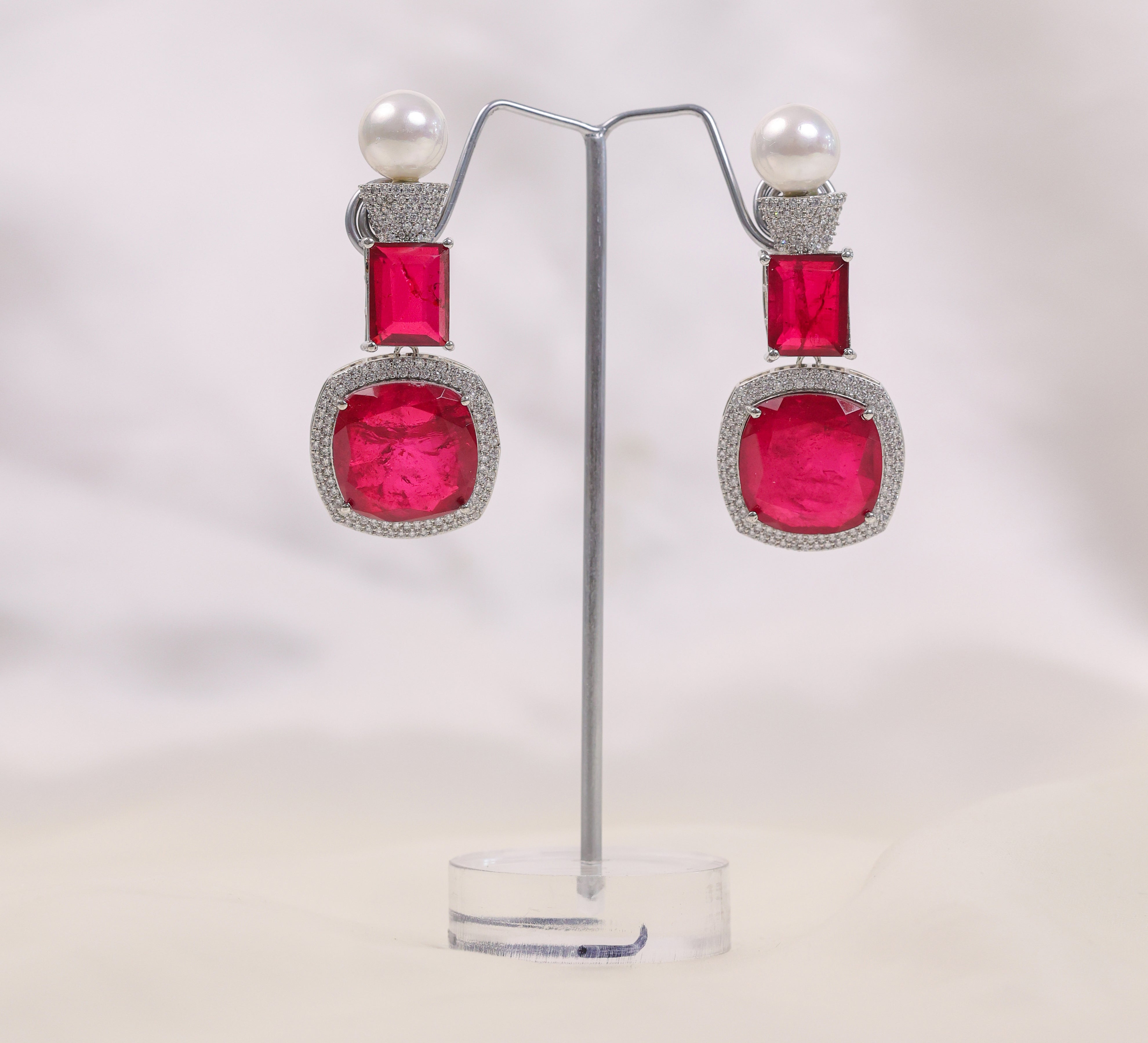 Earrings with Doublet Stones and CZ Accents in White Rhodium - Adisha Jewels