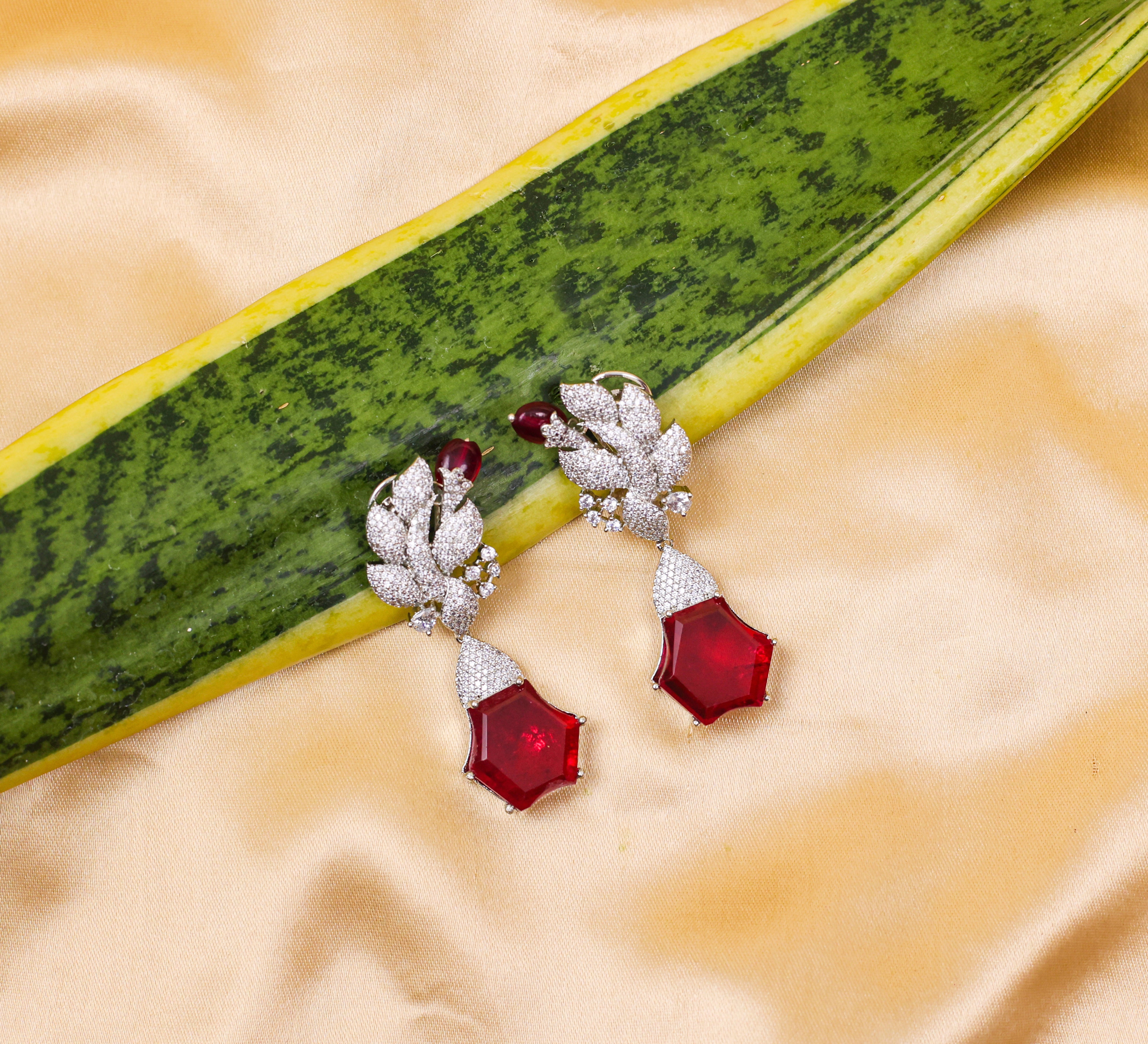 Beaded Earrings with Doublet Stones and CZ in White Rhodium - Adisha Jewels