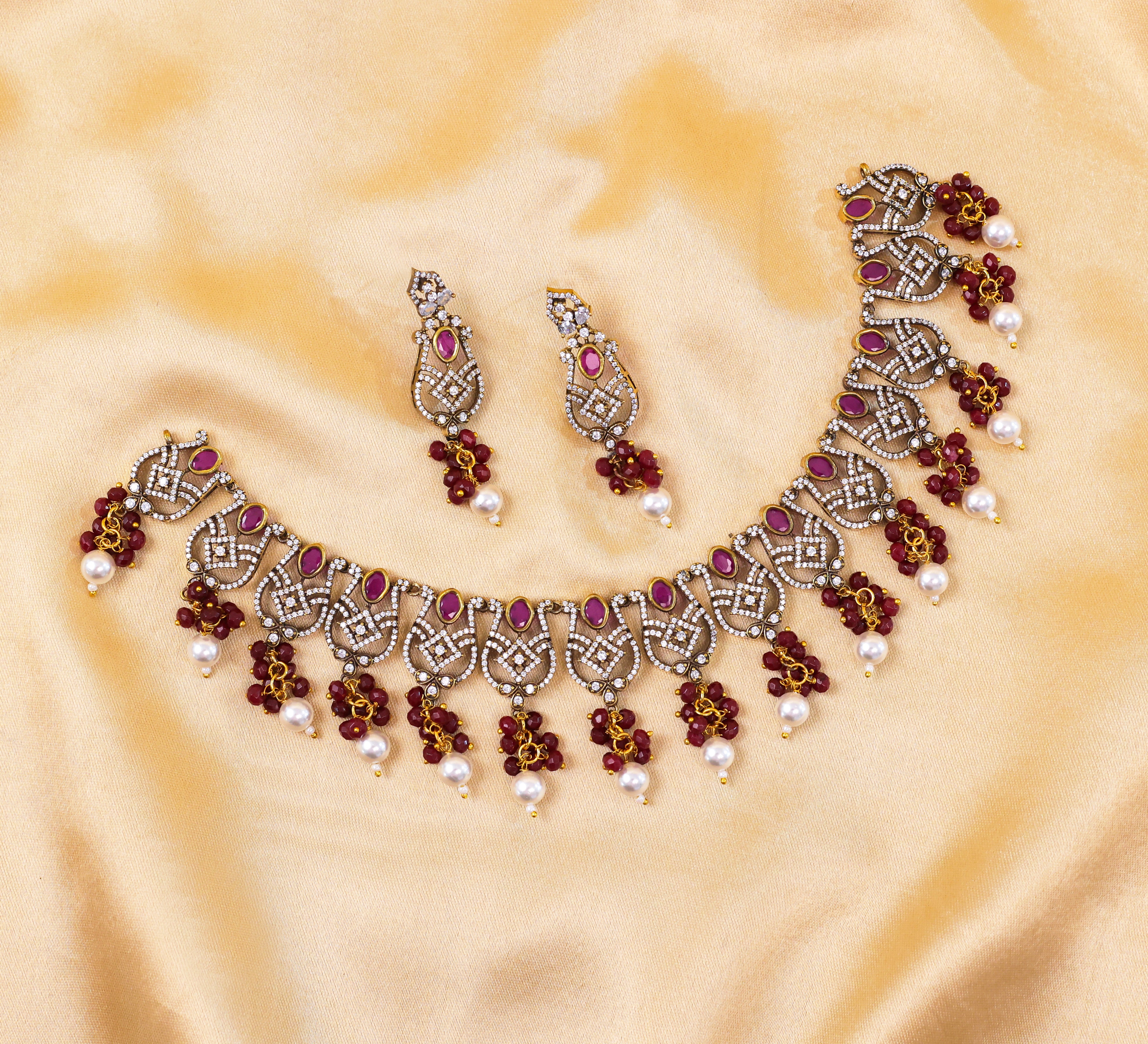 Victorian Antique Necklace Set with Colored Stones and American Diamonds - Adisha Jewels