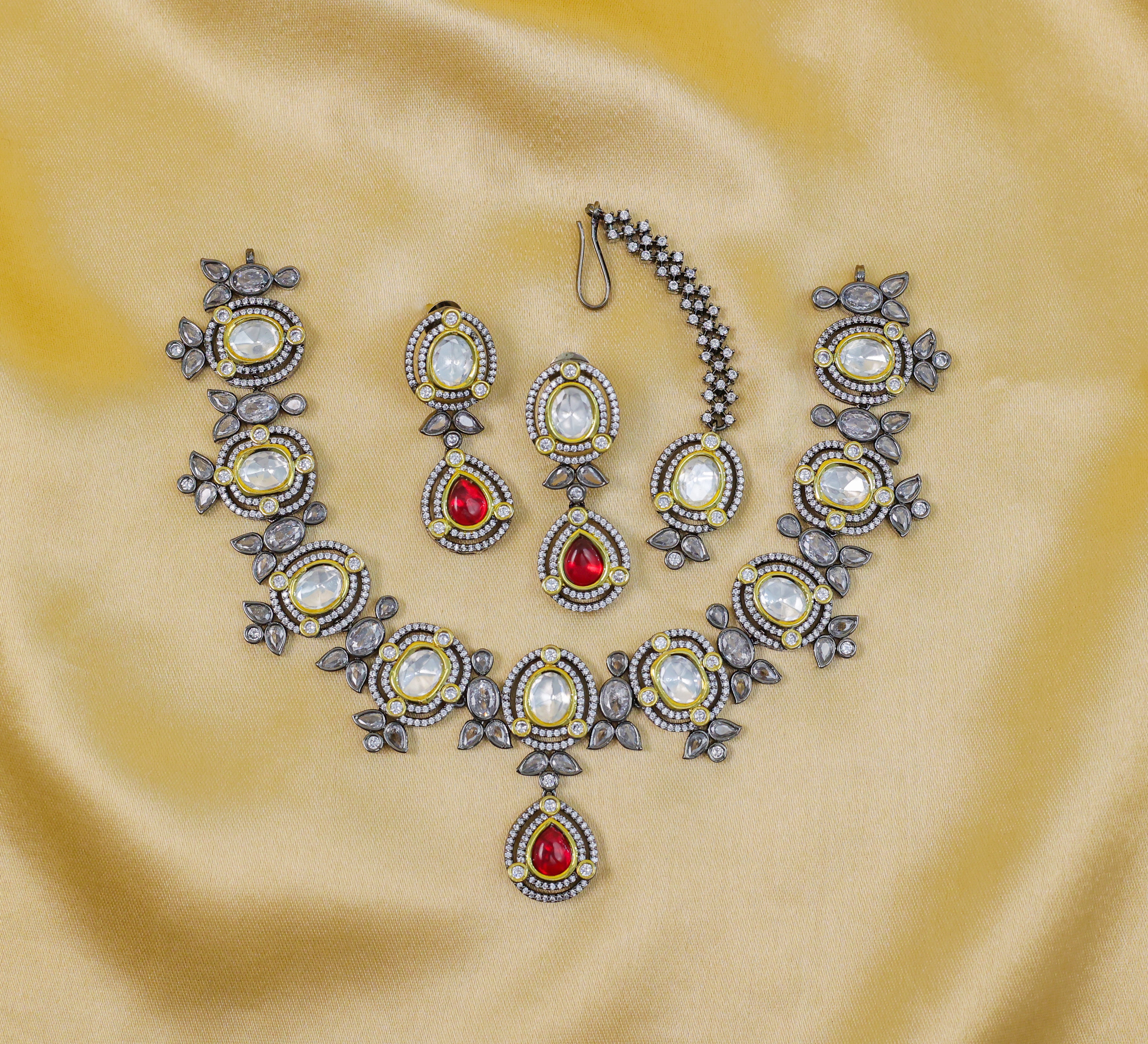 Victorian-Inspired Necklace Set with Hydro Stones & Kundan Polki - Adisha Jewels