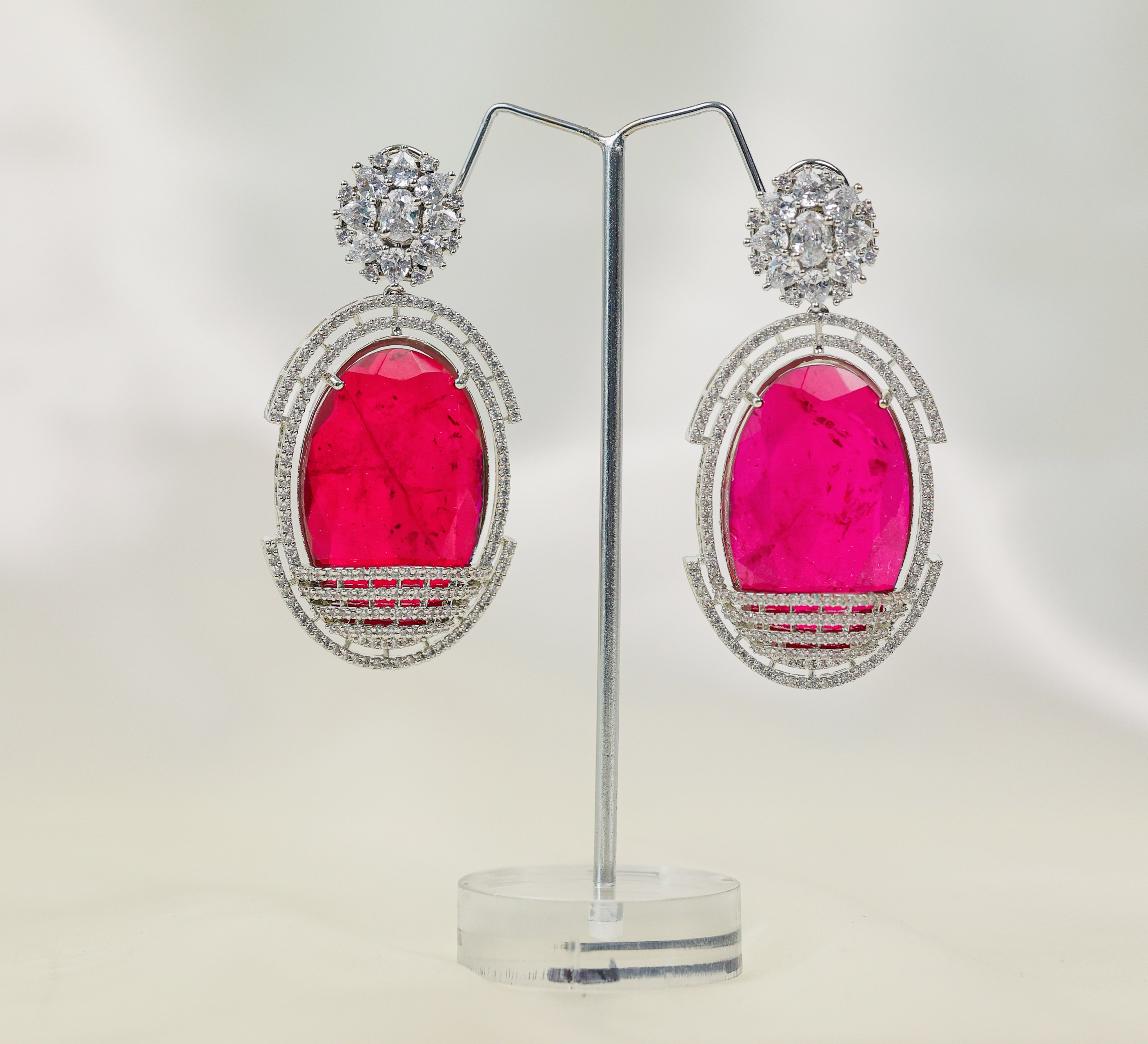 Doublet Stones Earrings with White Rhodium Plating - Adisha Jewels