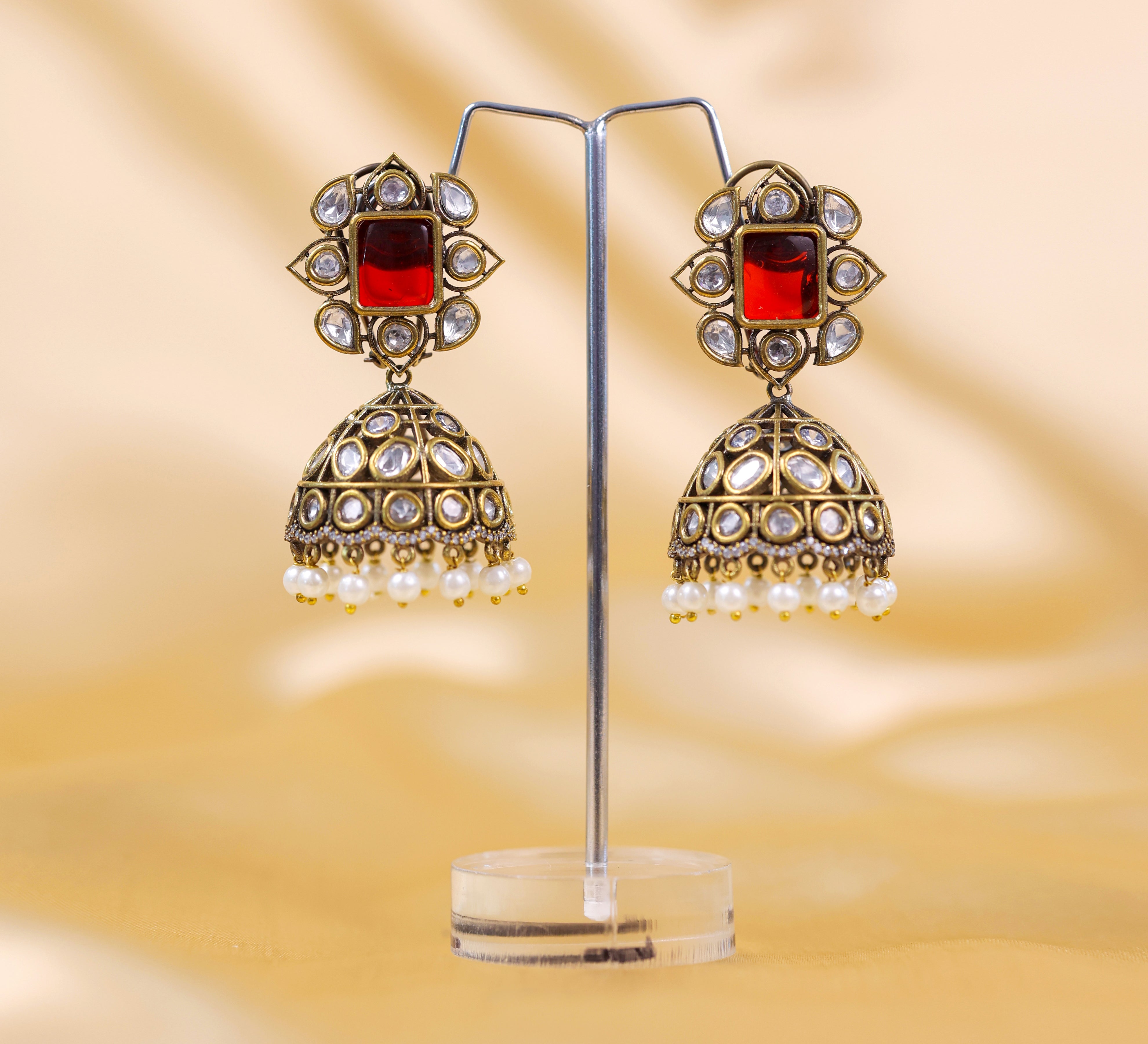 Silver Foil Victorian Jhumki Earrings with Kundan Polki and Hydro Stones - Adisha Jewels