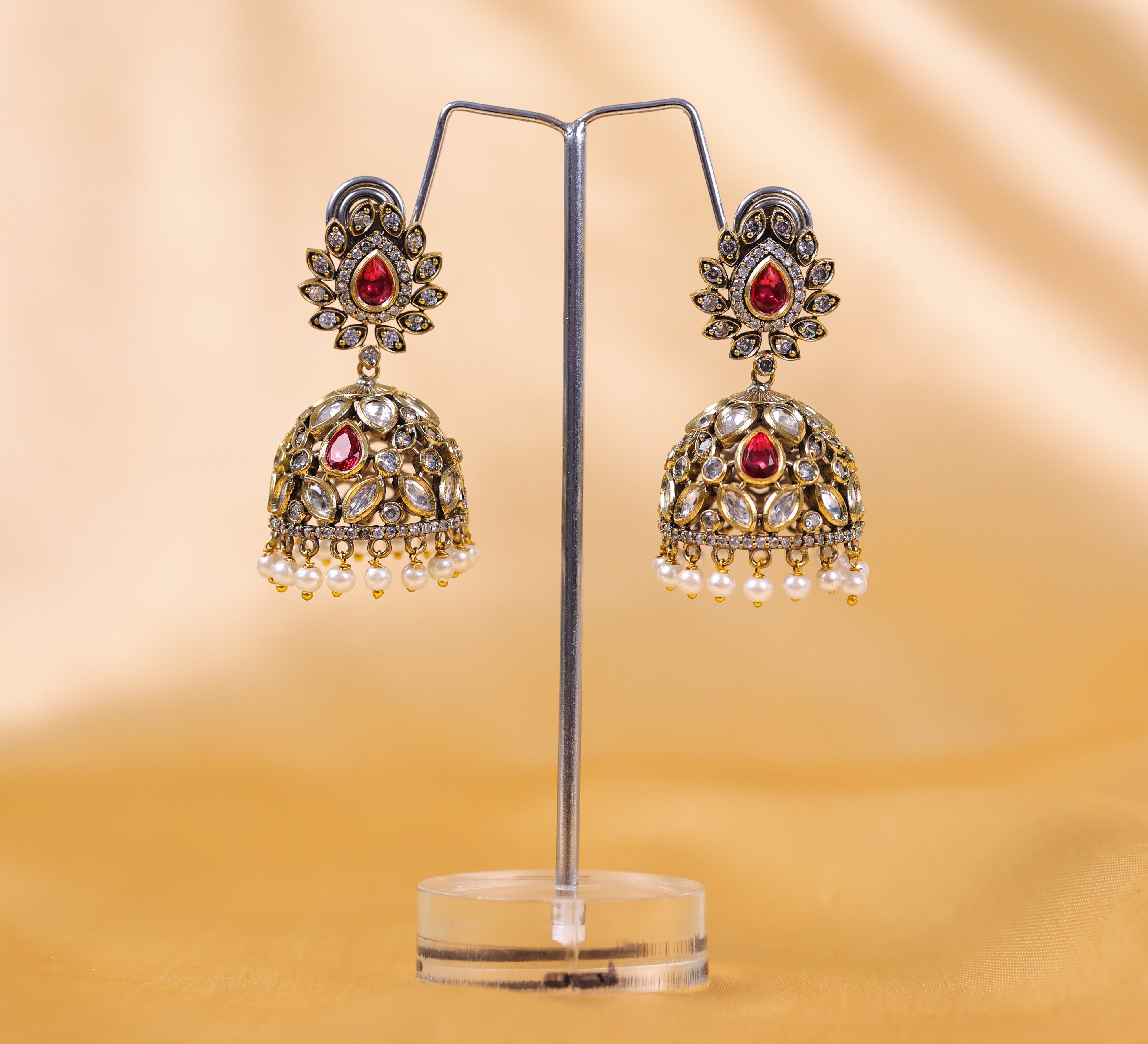 Silver Foil Victorian Jhumki Earrings with Kundan Polki and Hydro Stones - Adisha Jewels