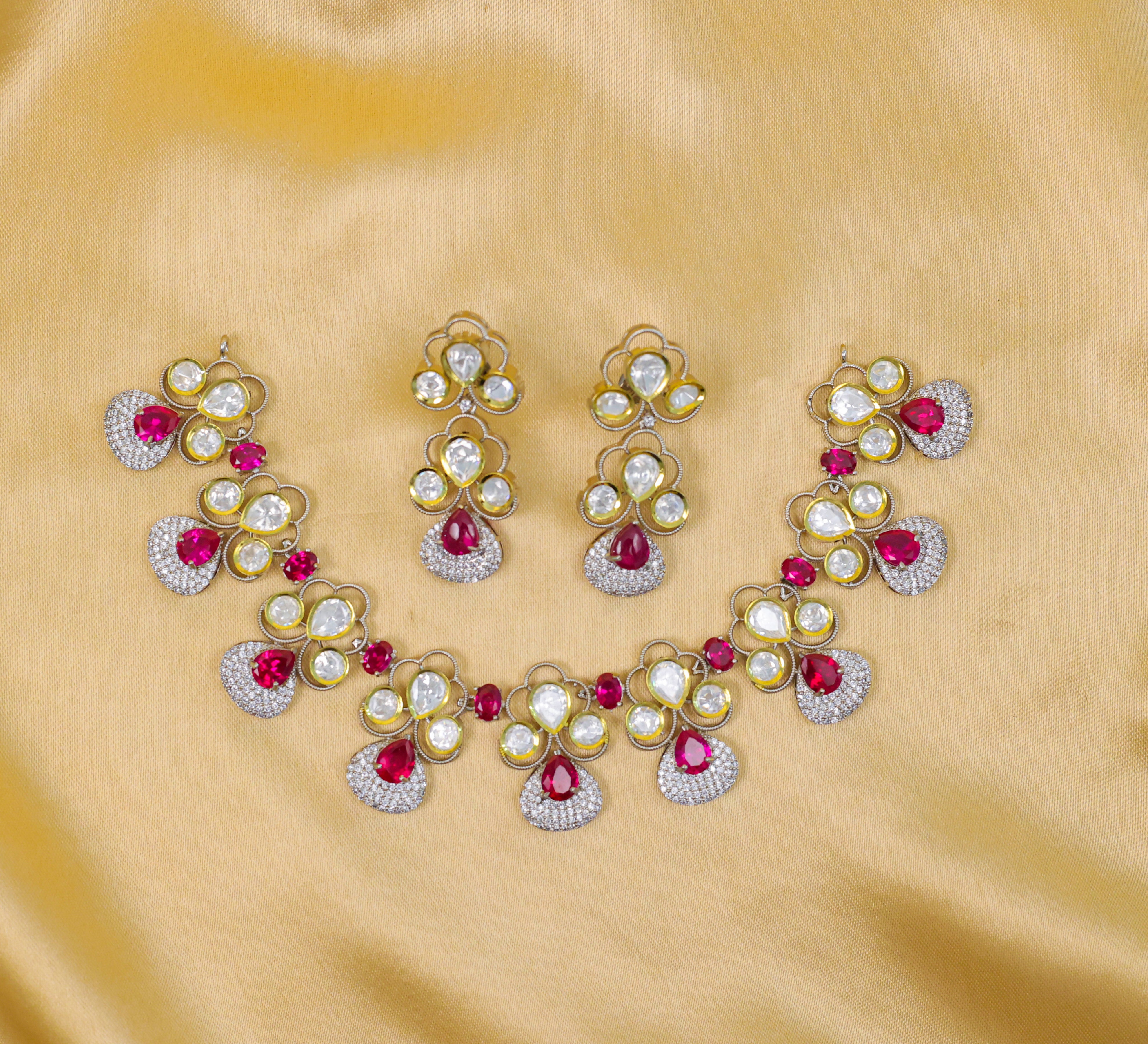 Victorian-Inspired Necklace Set with Hydro Stones & Kundan Polki - Adisha Jewels