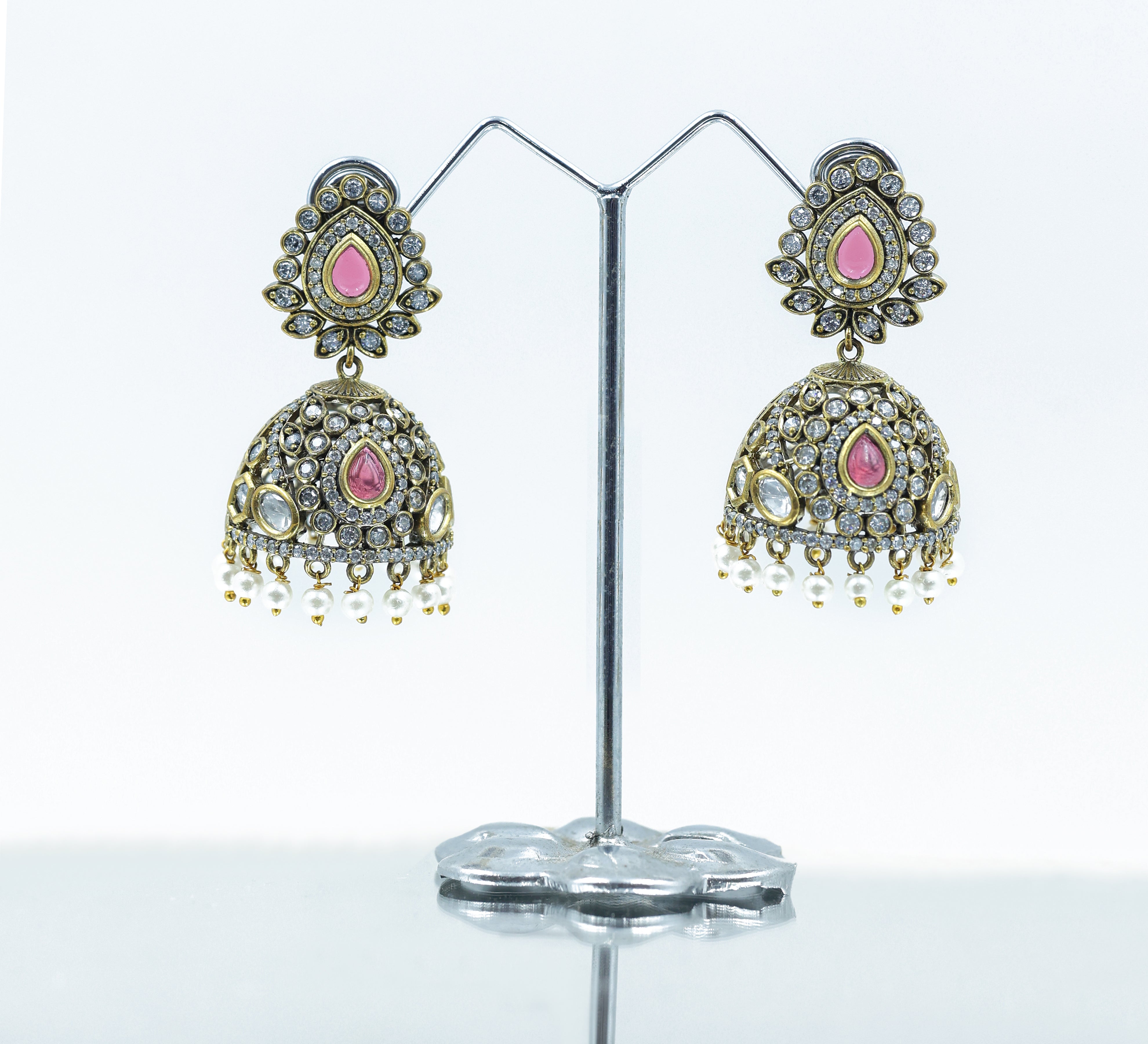 Silver Foil Victorian Jhumki Earrings with Kundan Polki and Hydro Stones - Adisha Jewels