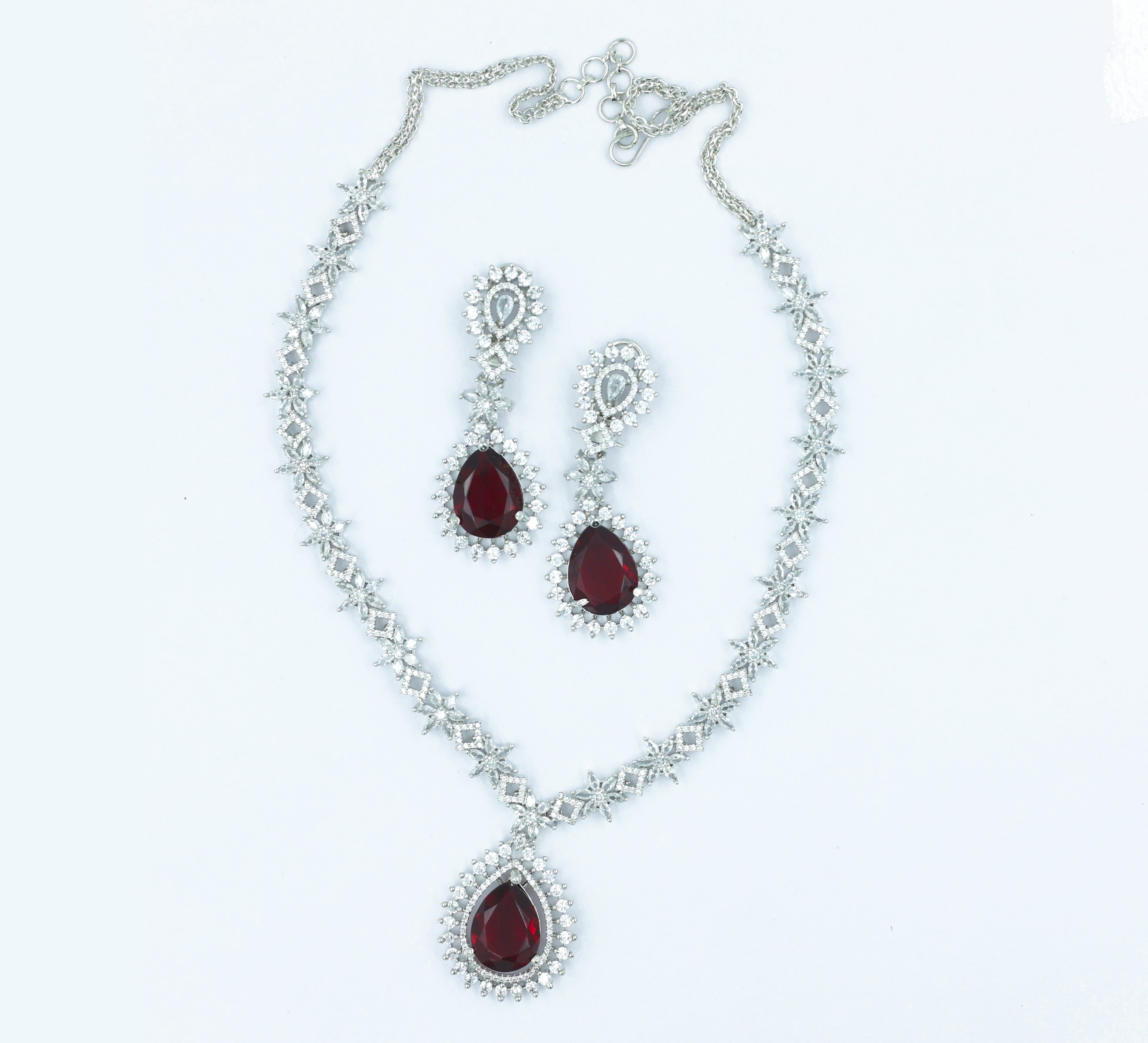 White Rhodium Necklace Set with Cubic Zirconia and Hydro Stones - Adisha Jewels