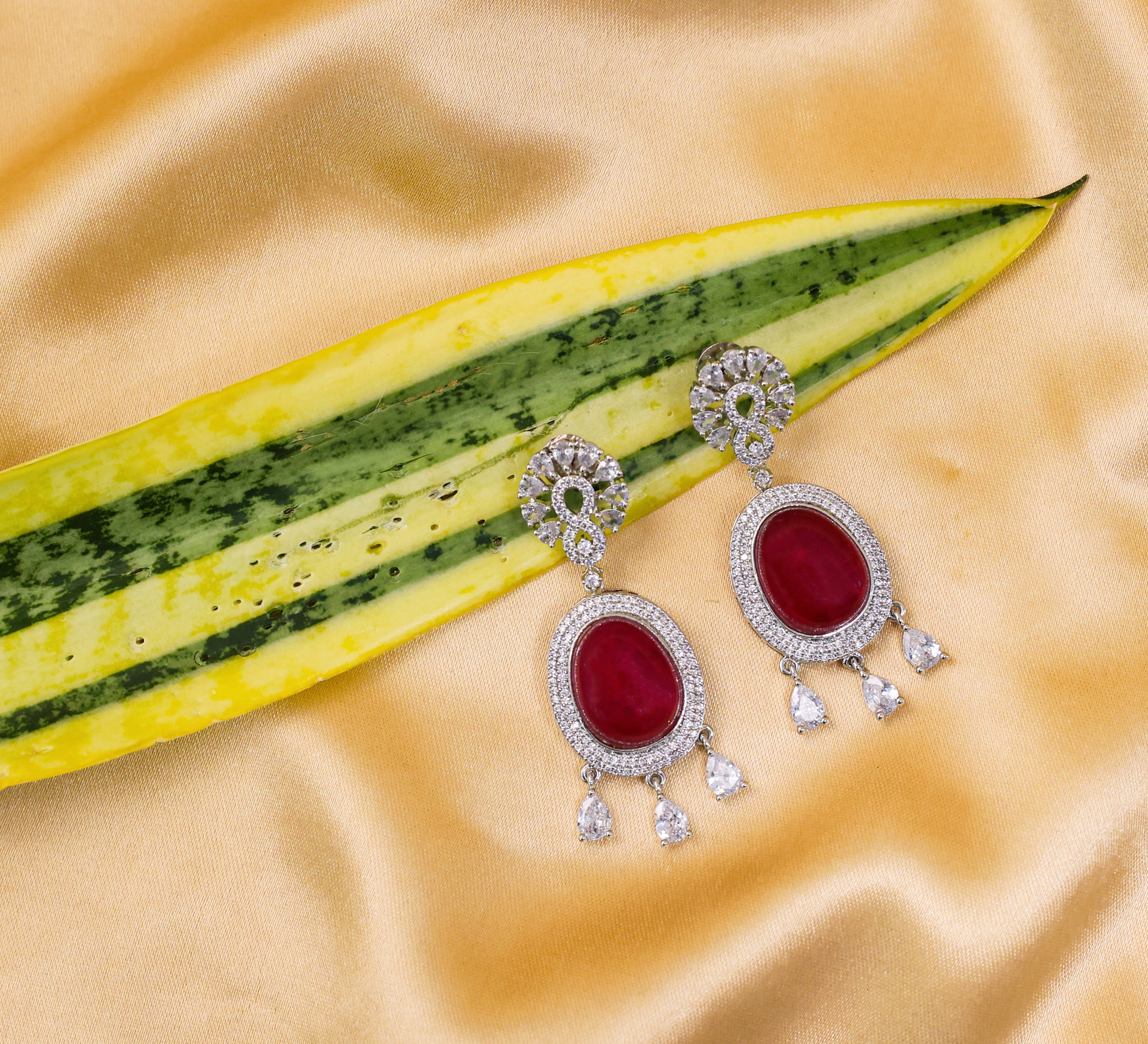 Doublet Stone Earrings with White Rhodium - Adisha Jewels