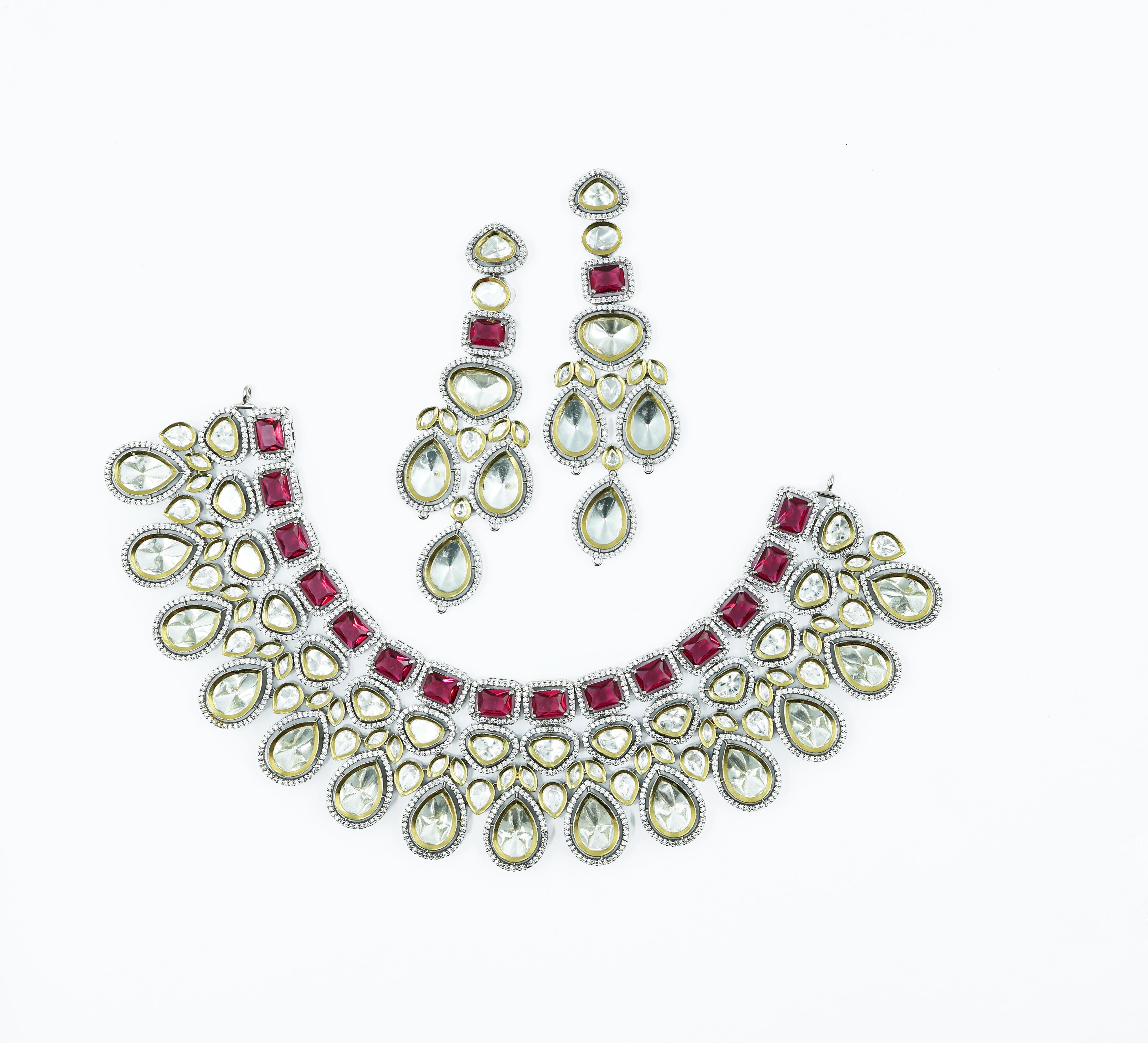 Victorian-Inspired Kundan Polki Necklace Set with Hydro Stones - Adisha Jewels