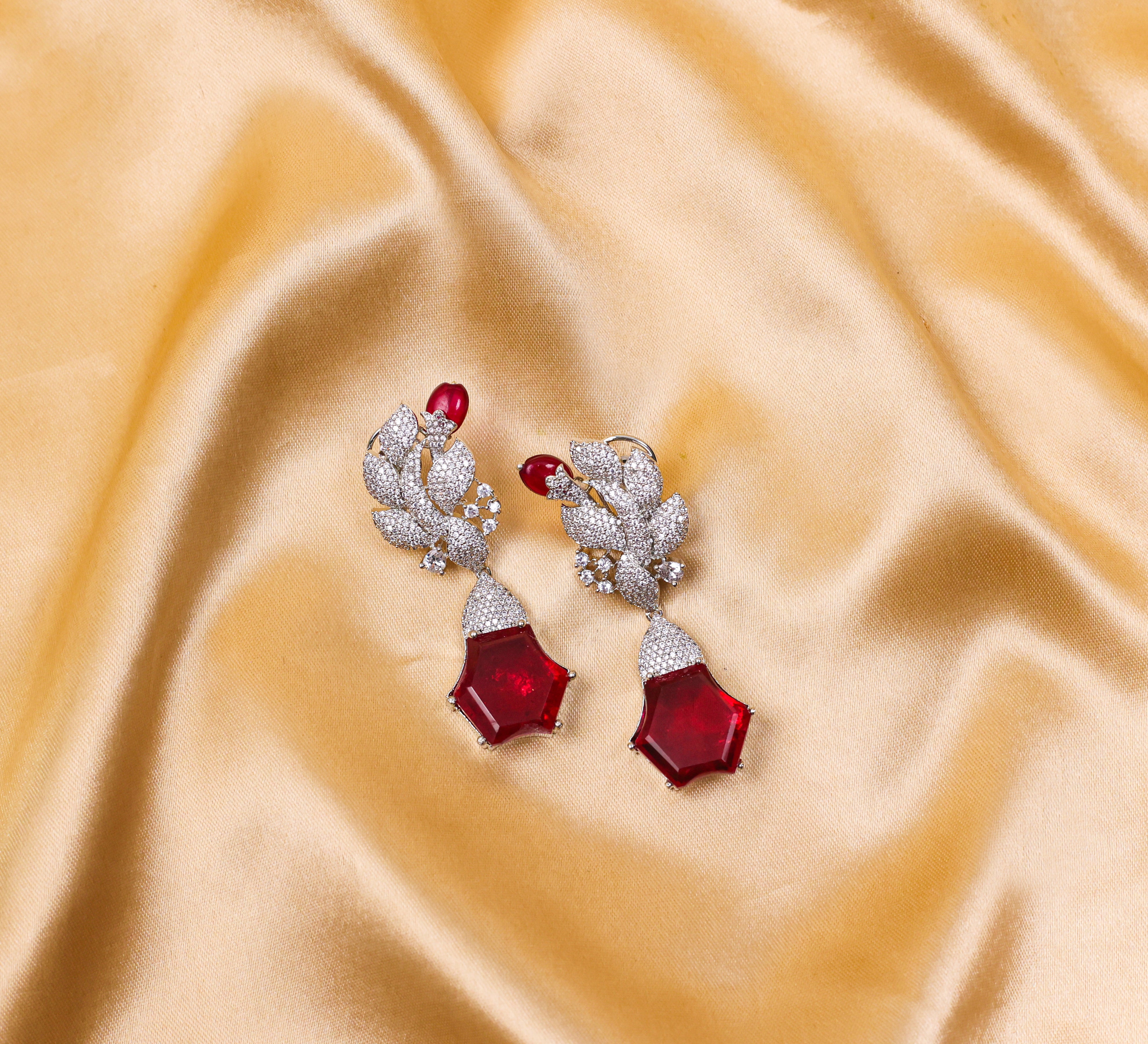 Beaded Earrings with Doublet Stones and CZ in White Rhodium - Adisha Jewels