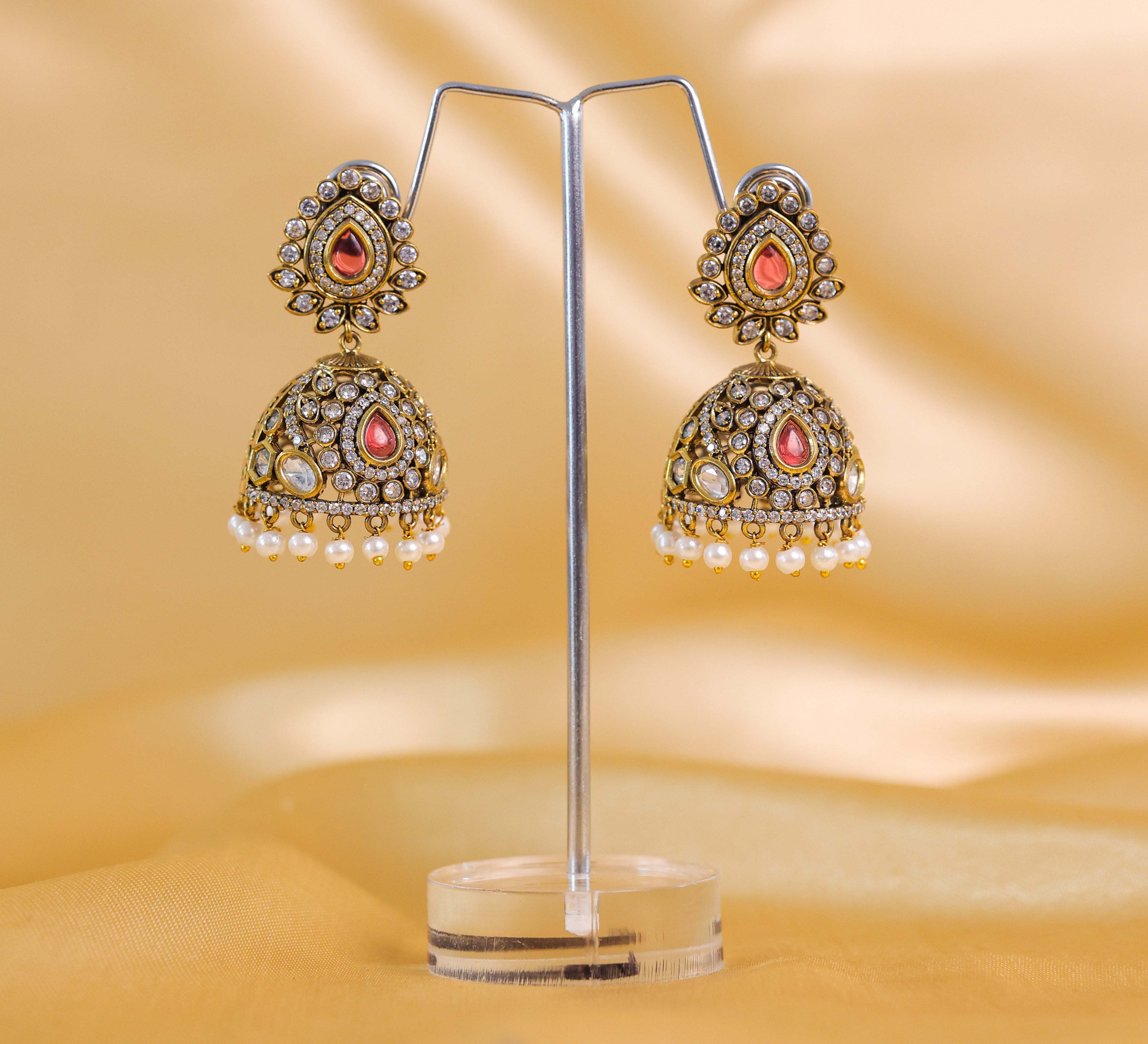 Silver Foil Victorian Jhumki Earrings with Kundan Polki and Hydro Stones - Adisha Jewels