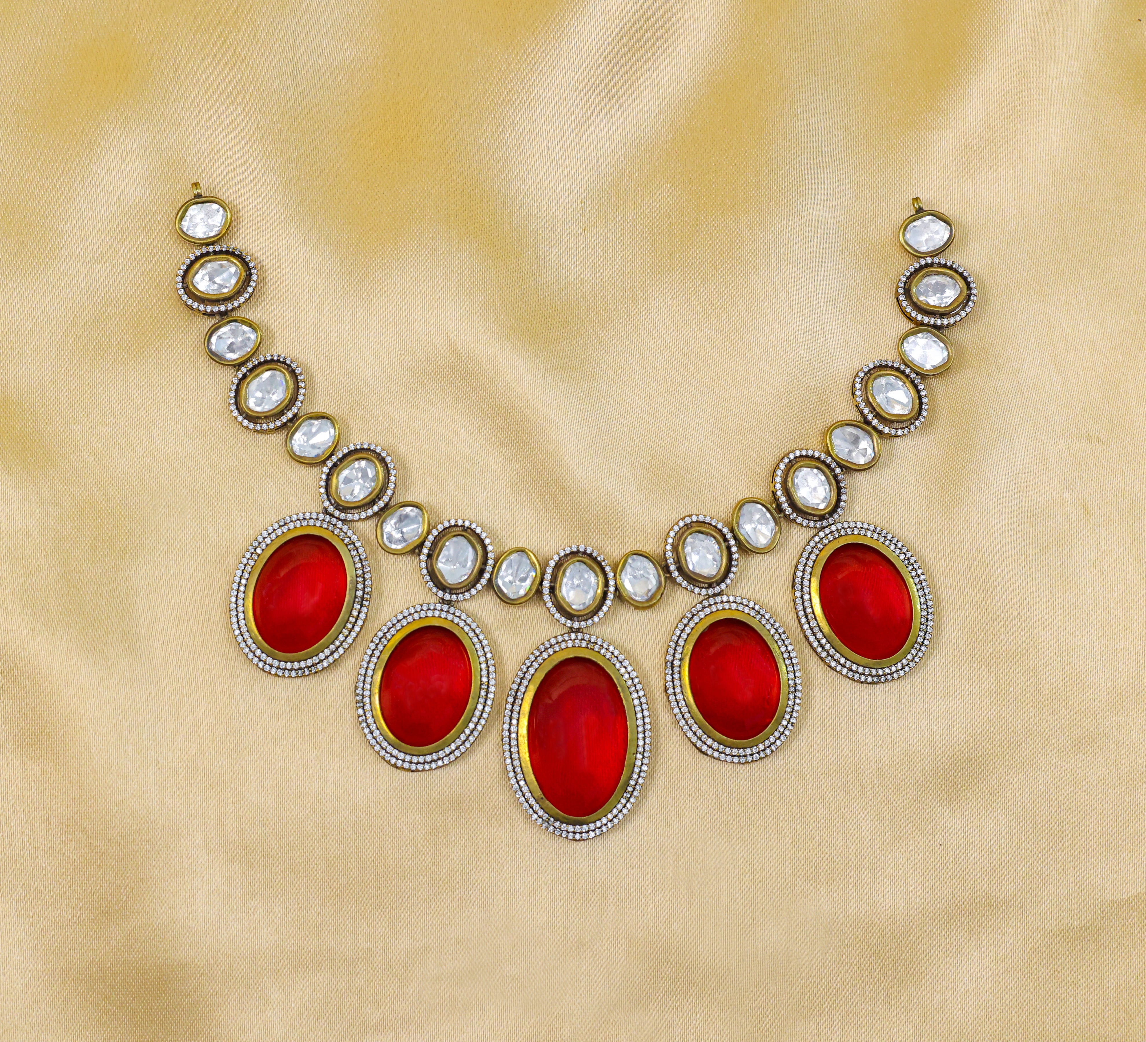 Victorian-Inspired Necklace Set with Hydro Stones & Kundan Polki - Adisha Jewels