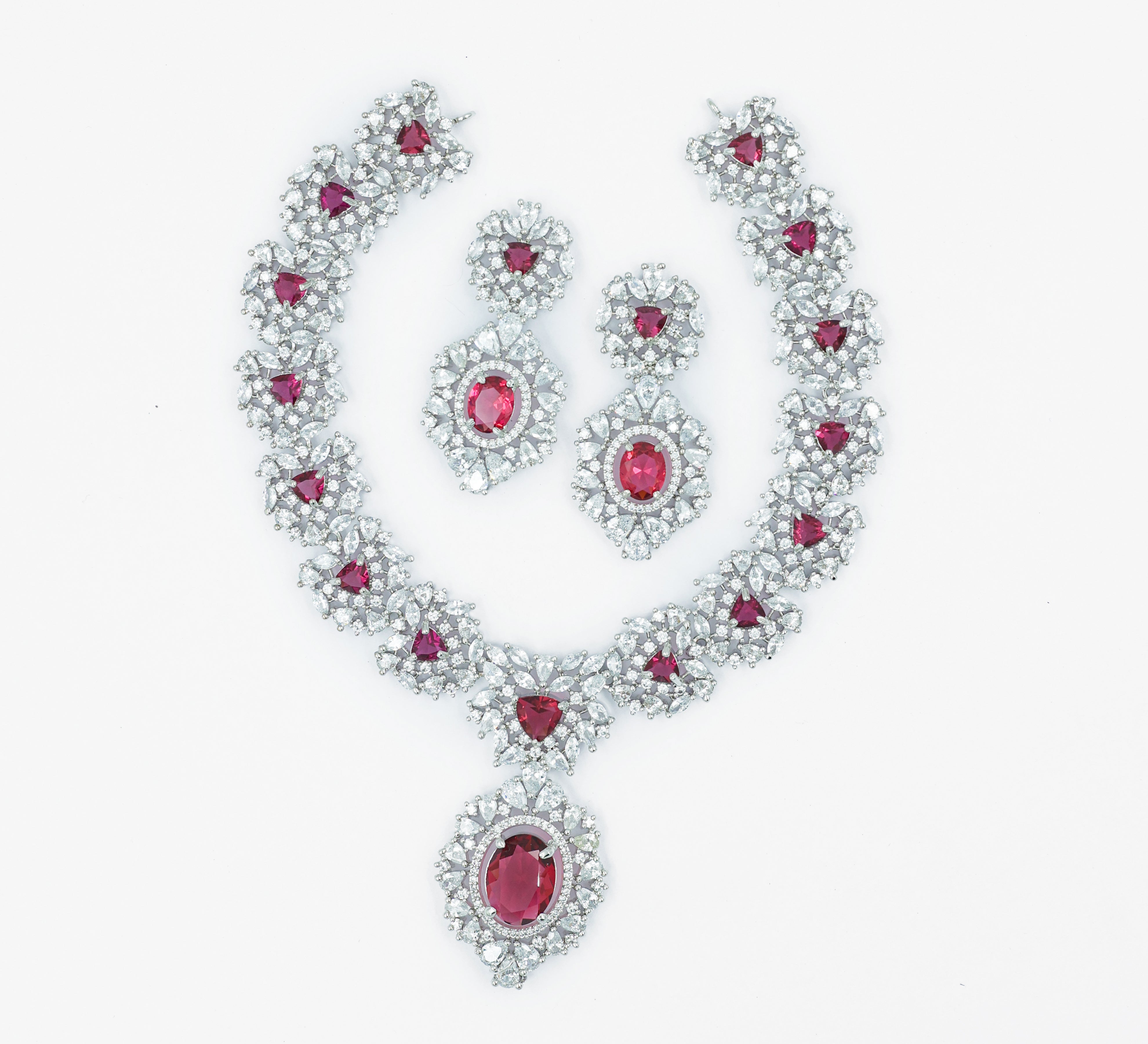 White Rhodium Necklace Set with Cubic Zirconia and Hydro Stones - Adisha Jewels