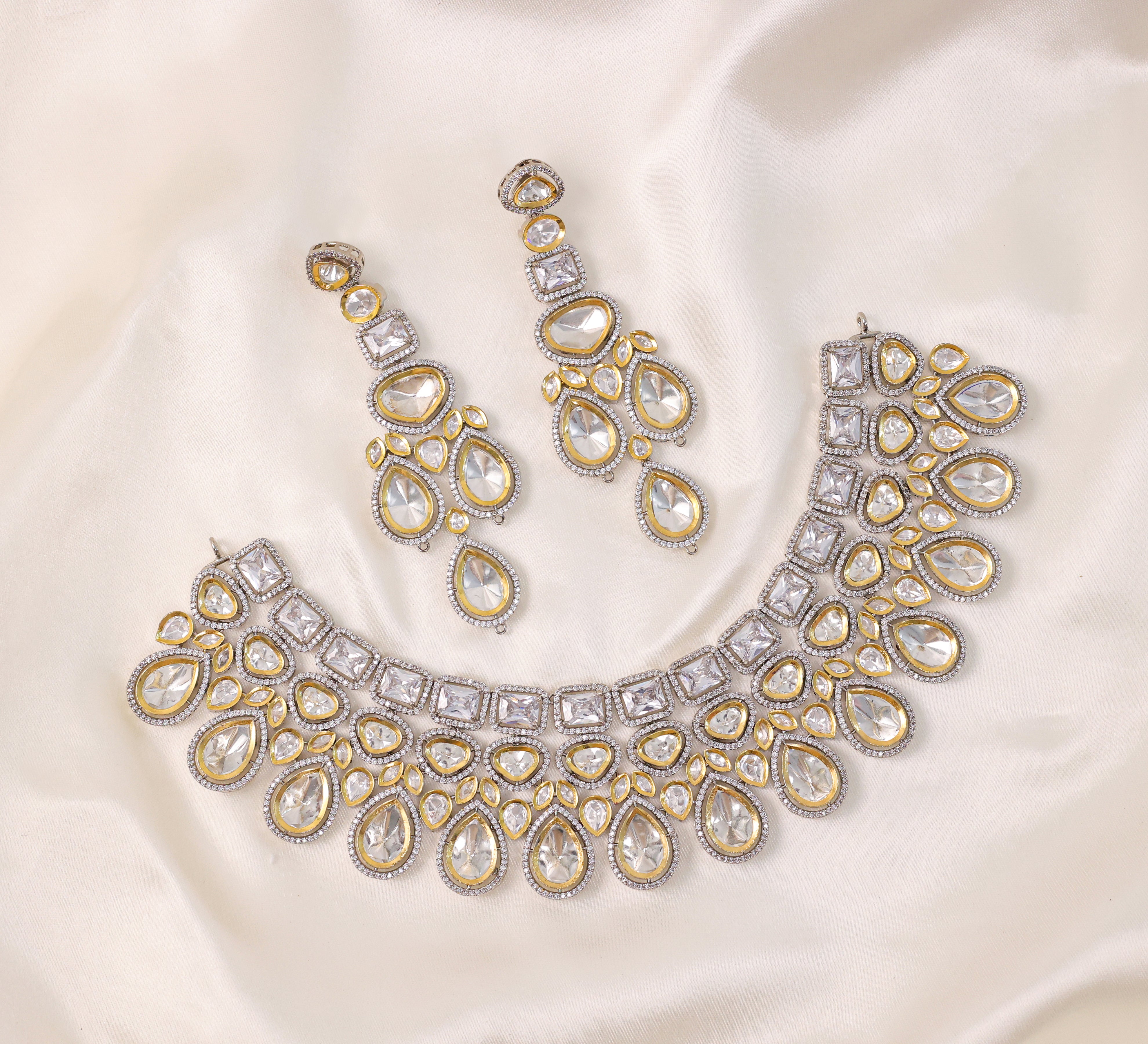 Victorian-Inspired Kundan Polki Necklace Set with Hydro Stones - Adisha Jewels