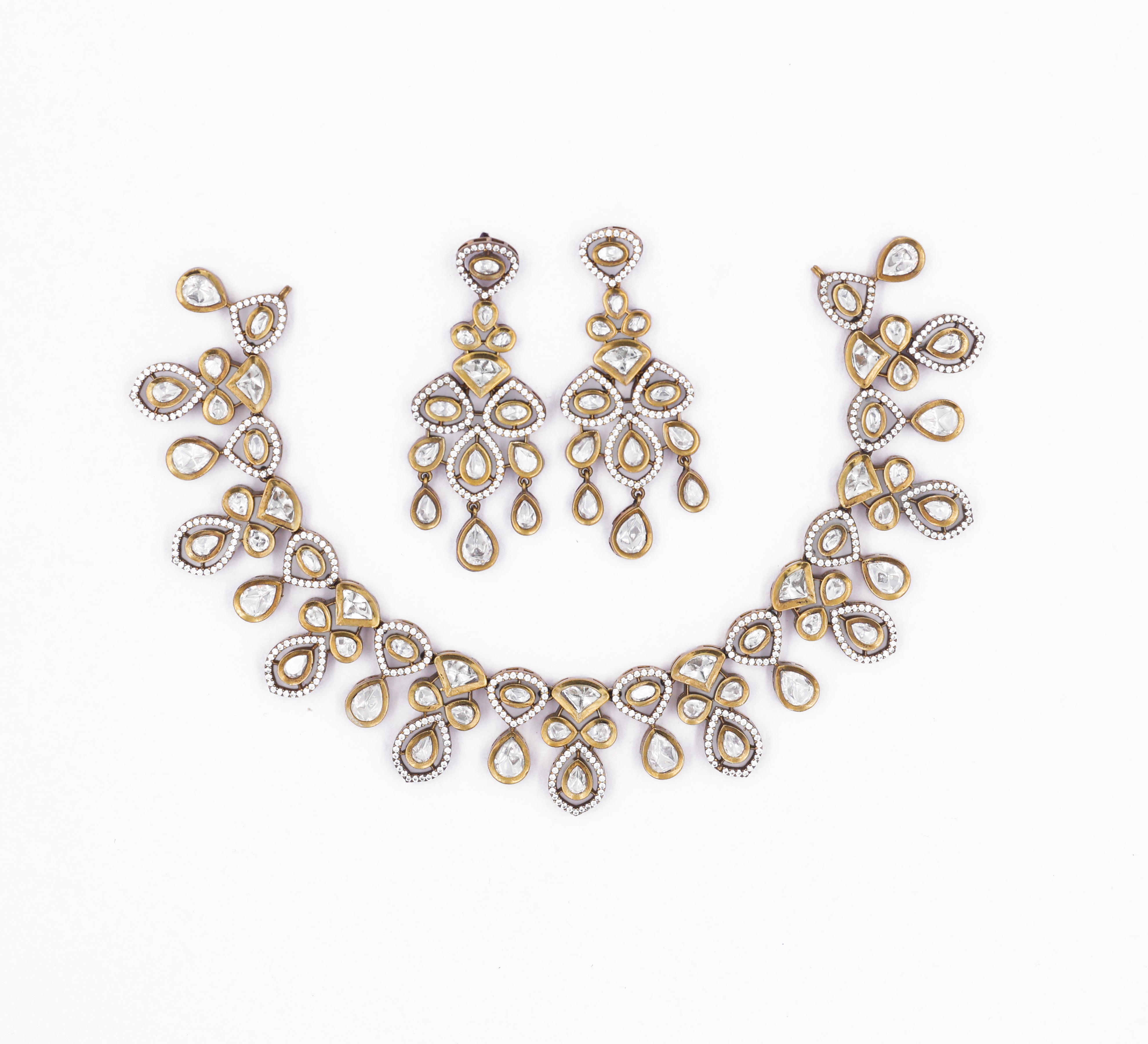 Kundan Polki Necklace Set with Victorian Polish - Adisha Jewels