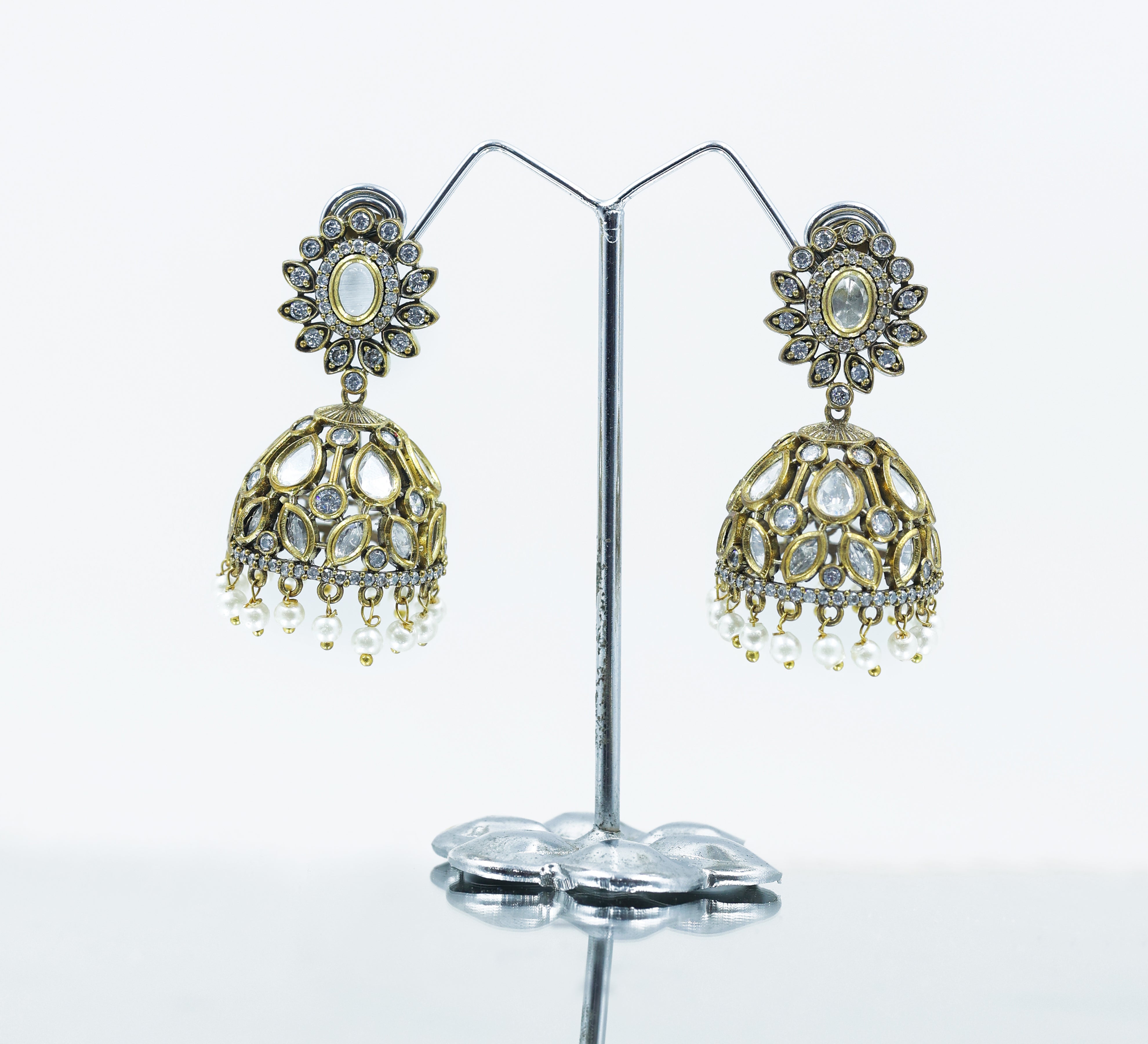 Silver Foil Victorian Jhumki Earrings with Kundan Polki and Hydro Stones - Adisha Jewels