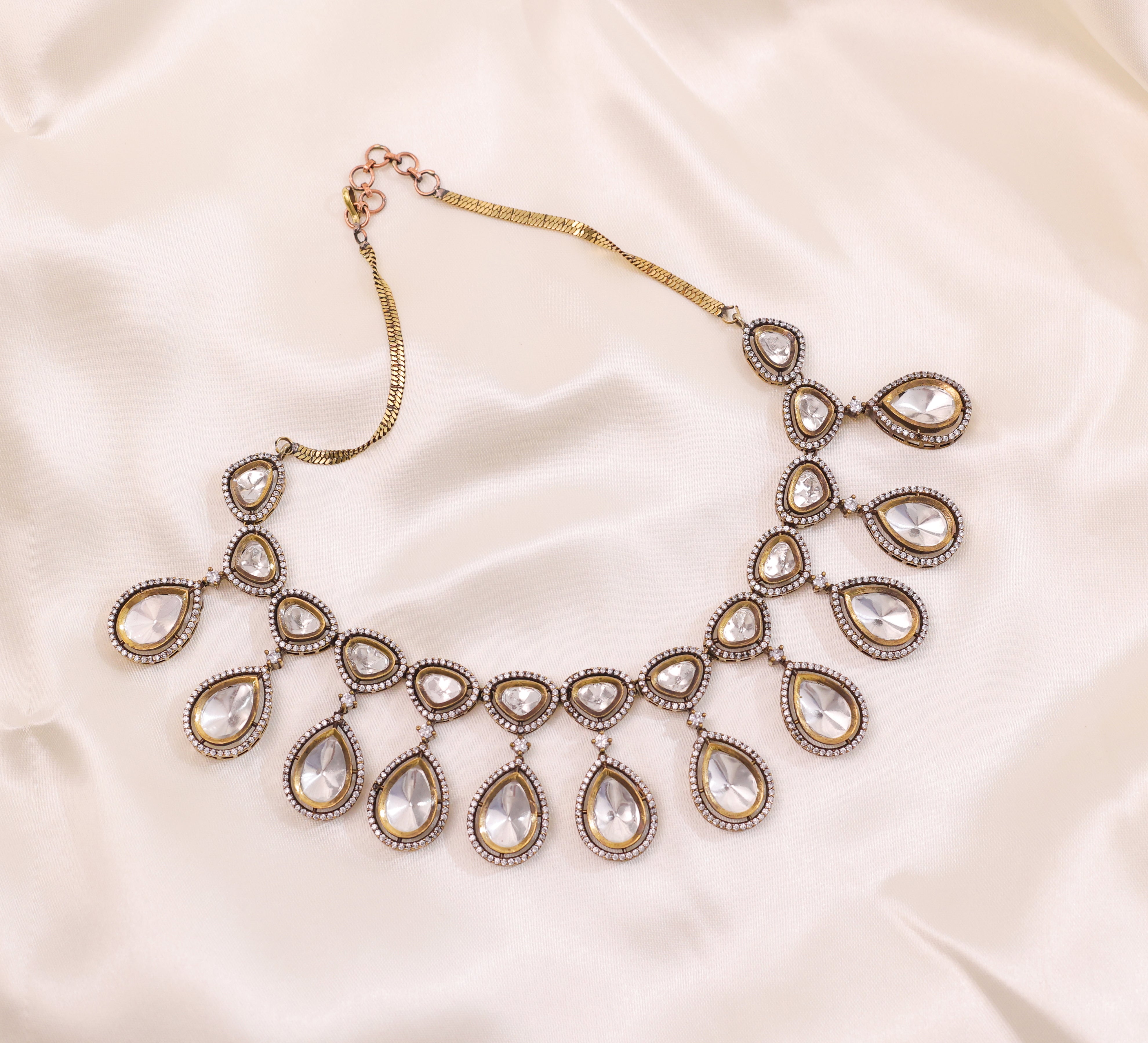 Kundan Polki Necklace Set with Victorian Polish - Adisha Jewels