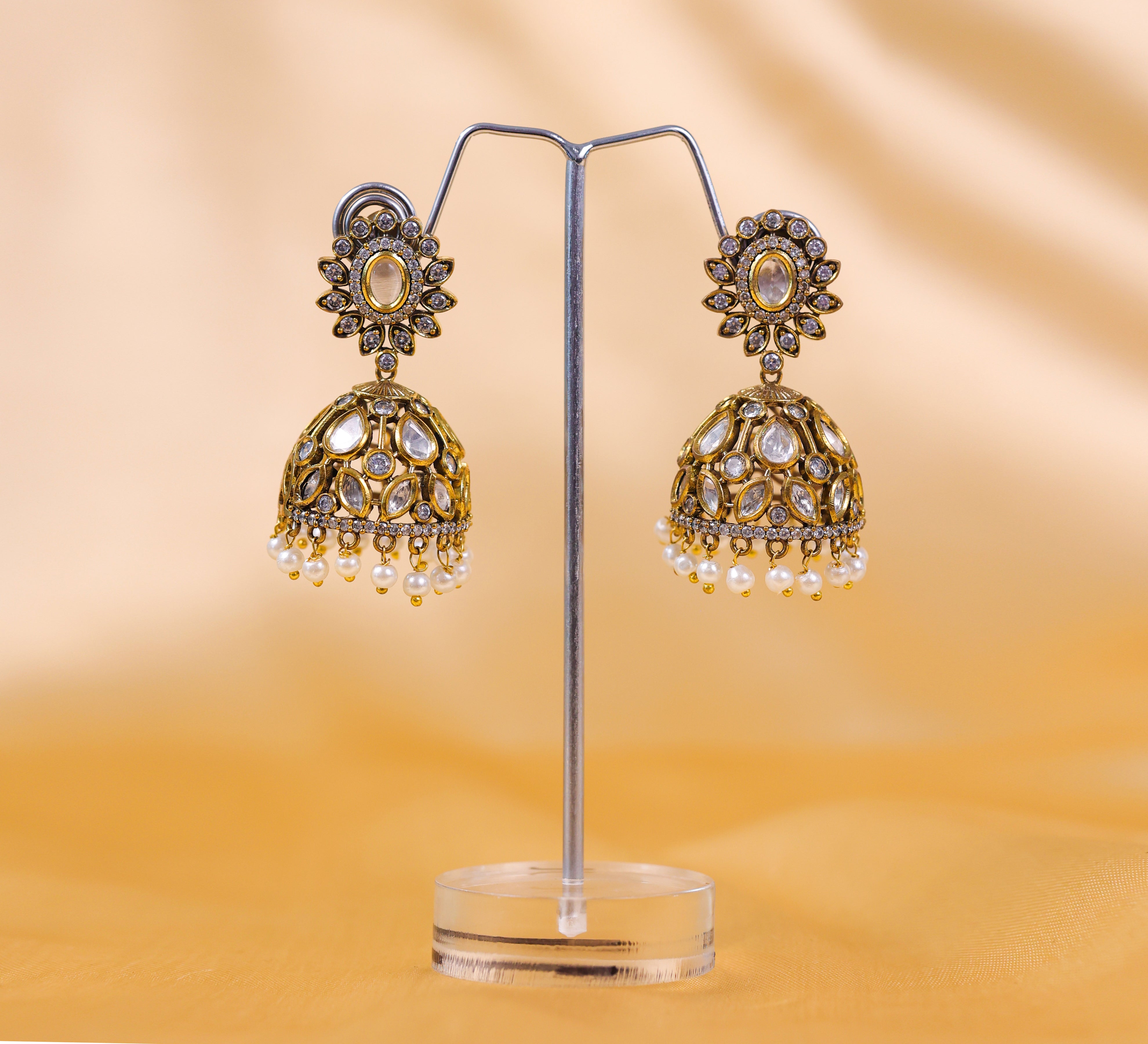 Silver Foil Victorian Jhumki Earrings with Kundan Polki and Hydro Stones - Adisha Jewels