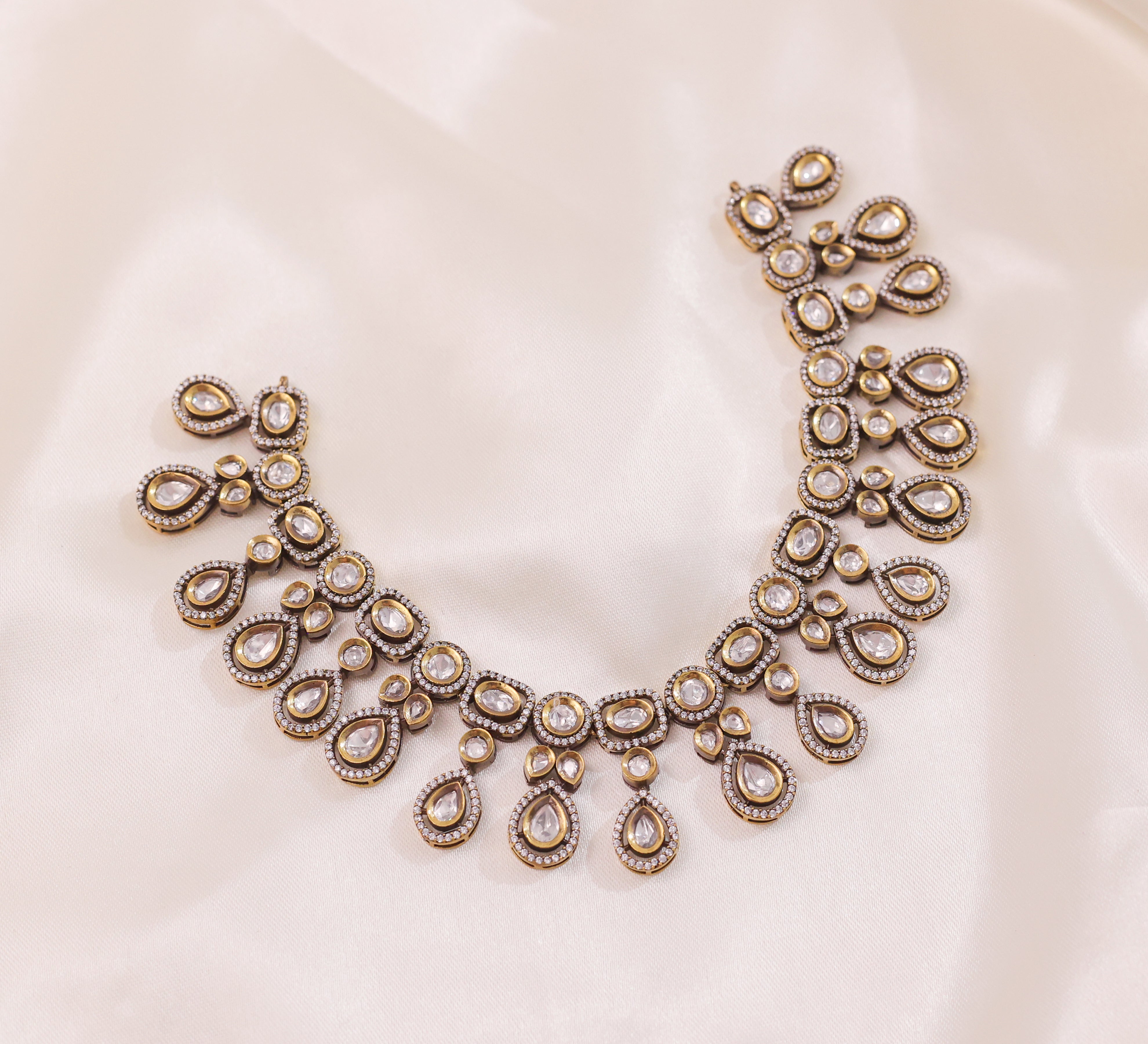 Kundan Polki Necklace Set with Victorian Polish - Adisha Jewels