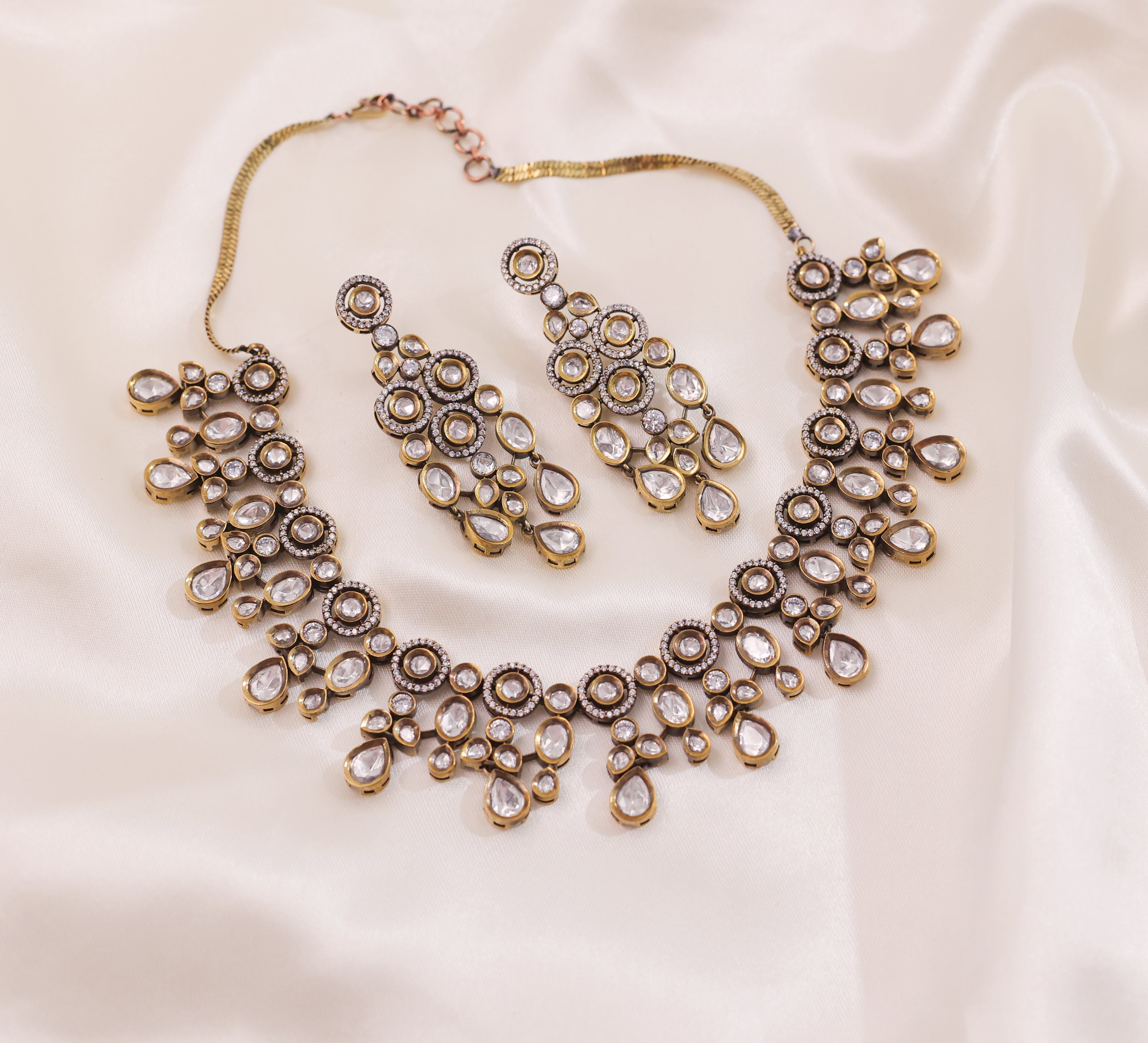 Kundan Polki Necklace Set with Victorian Polish - Adisha Jewels