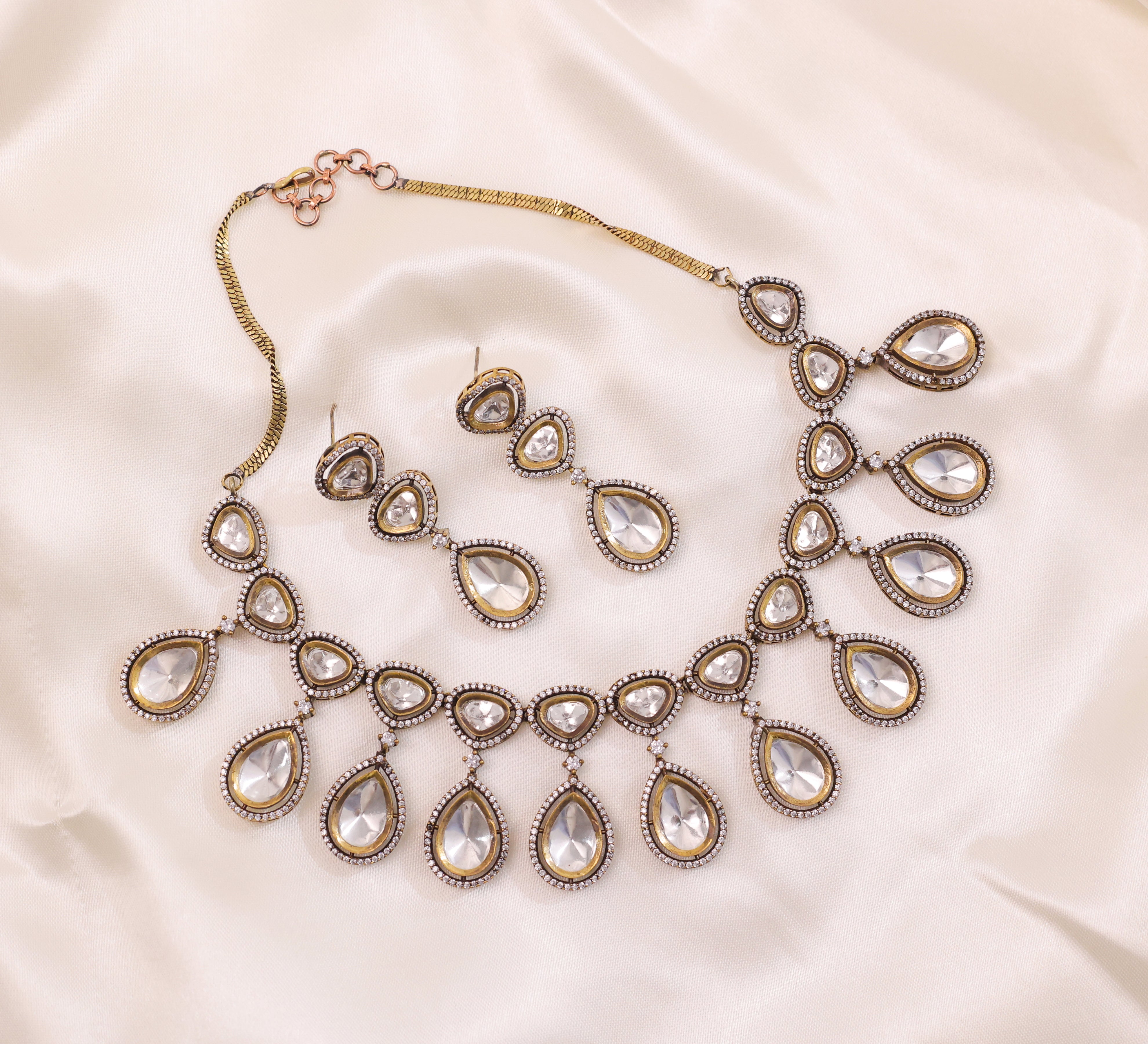 Kundan Polki Necklace Set with Victorian Polish - Adisha Jewels