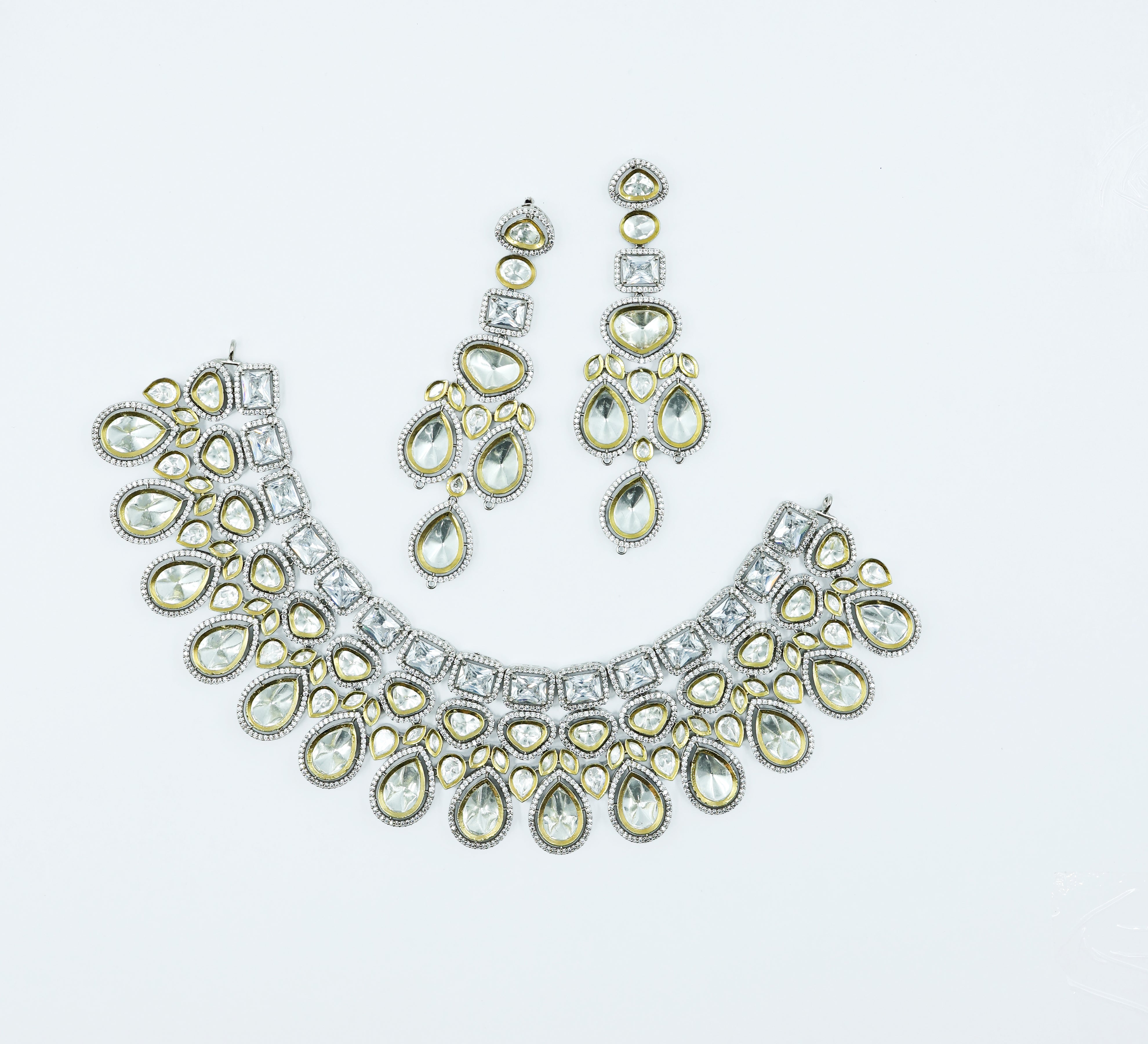 Victorian-Inspired Kundan Polki Necklace Set with Hydro Stones - Adisha Jewels