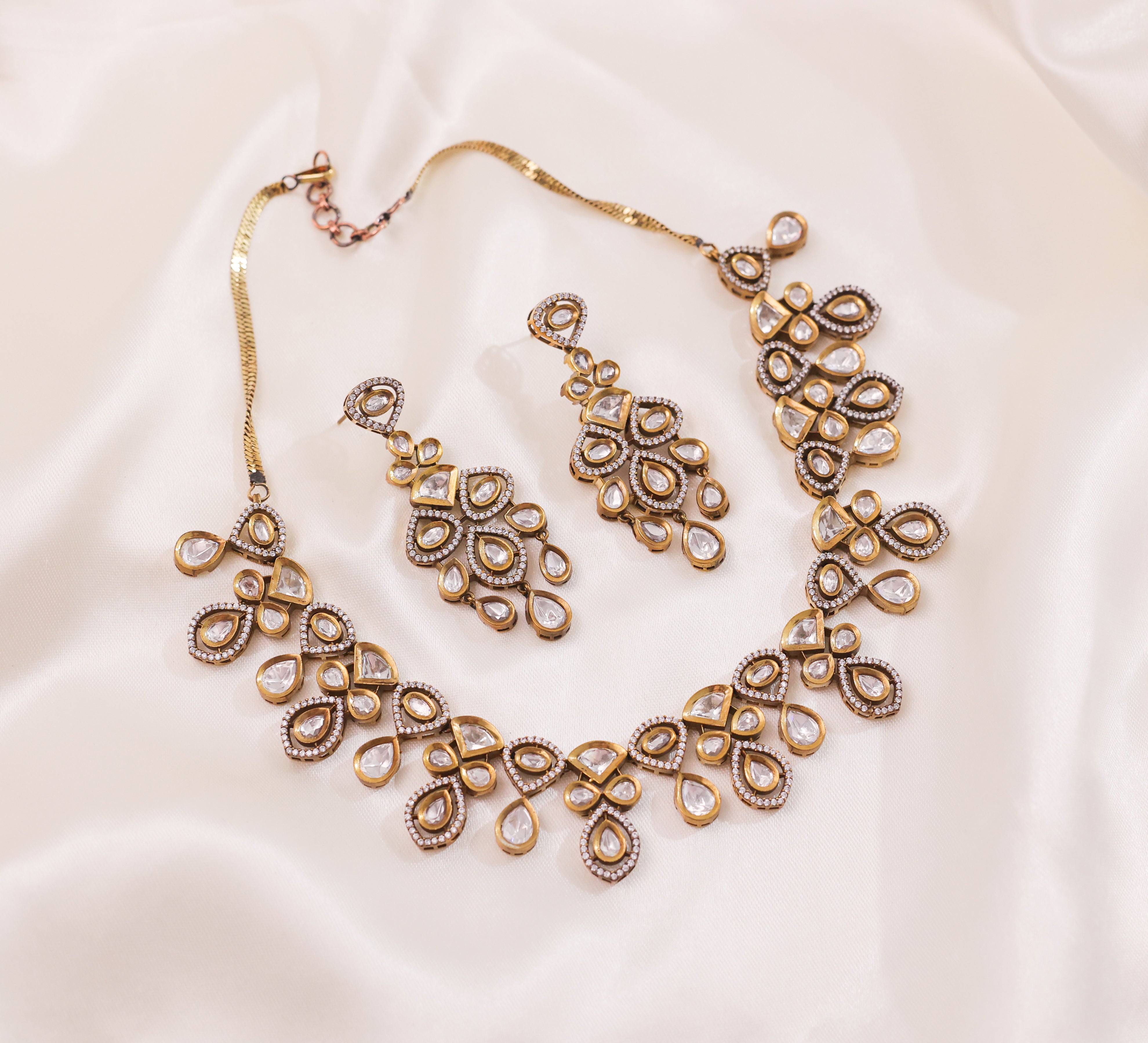 Kundan Polki Necklace Set with Victorian Polish - Adisha Jewels