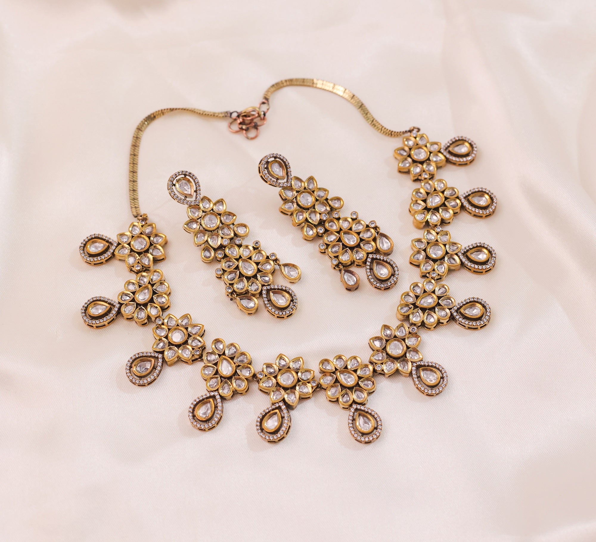 Kundan Polki Necklace Set with Victorian Polish - Adisha Jewels