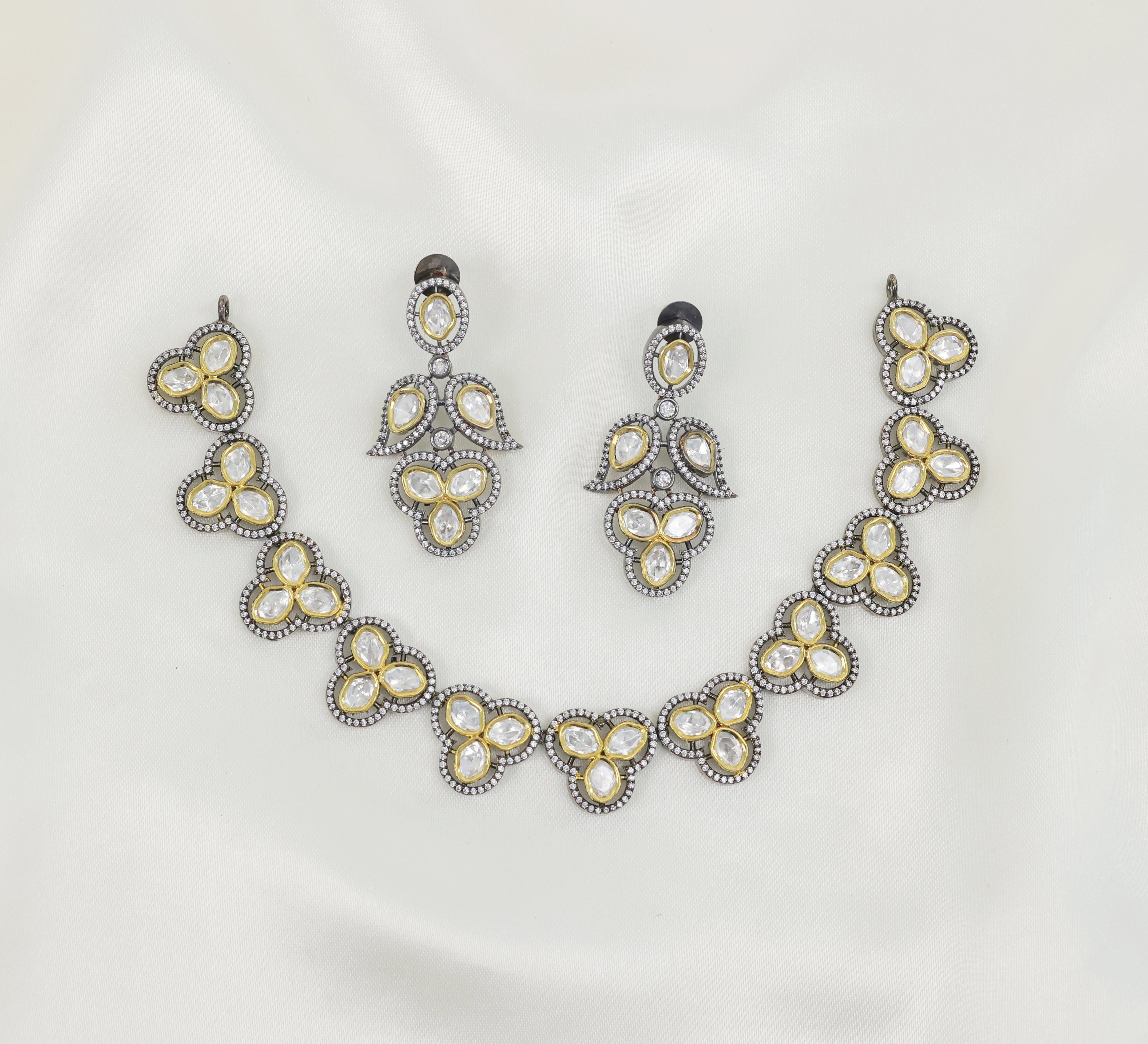 Victorian-Inspired Necklace Set with Hydro Stones & Kundan Polki - Adisha Jewels