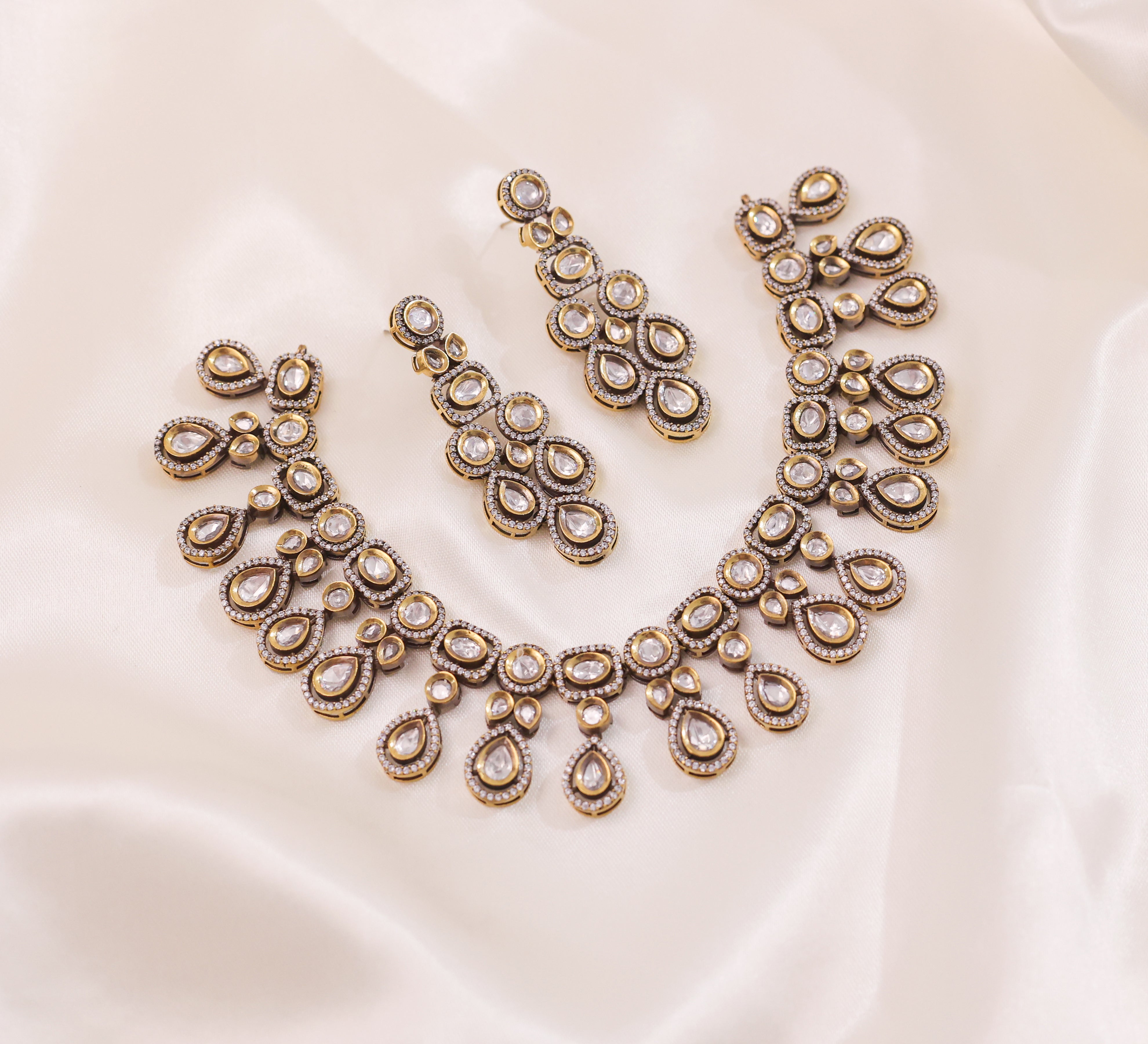 Kundan Polki Necklace Set with Victorian Polish - Adisha Jewels