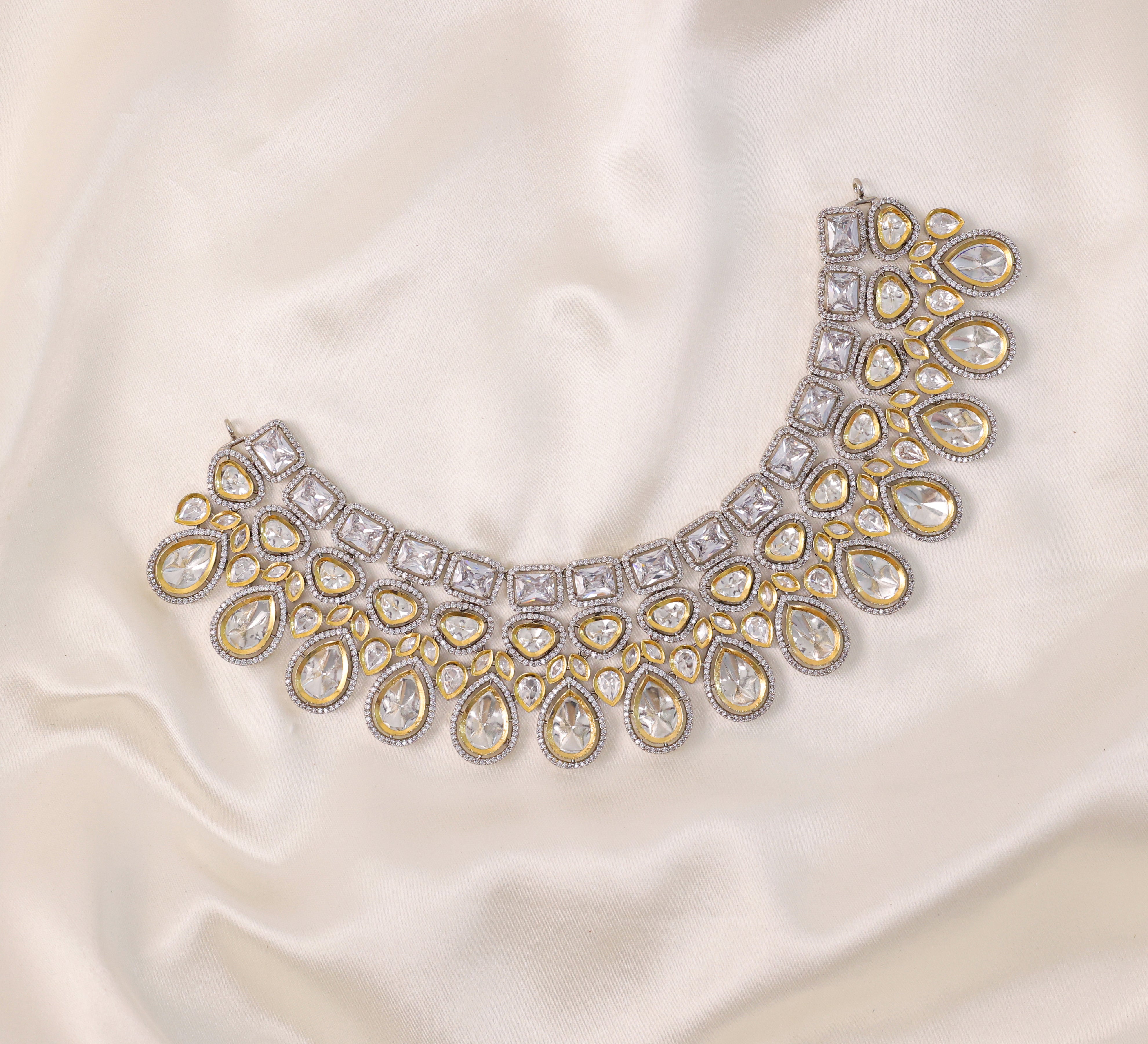 Victorian-Inspired Kundan Polki Necklace Set with Hydro Stones - Adisha Jewels