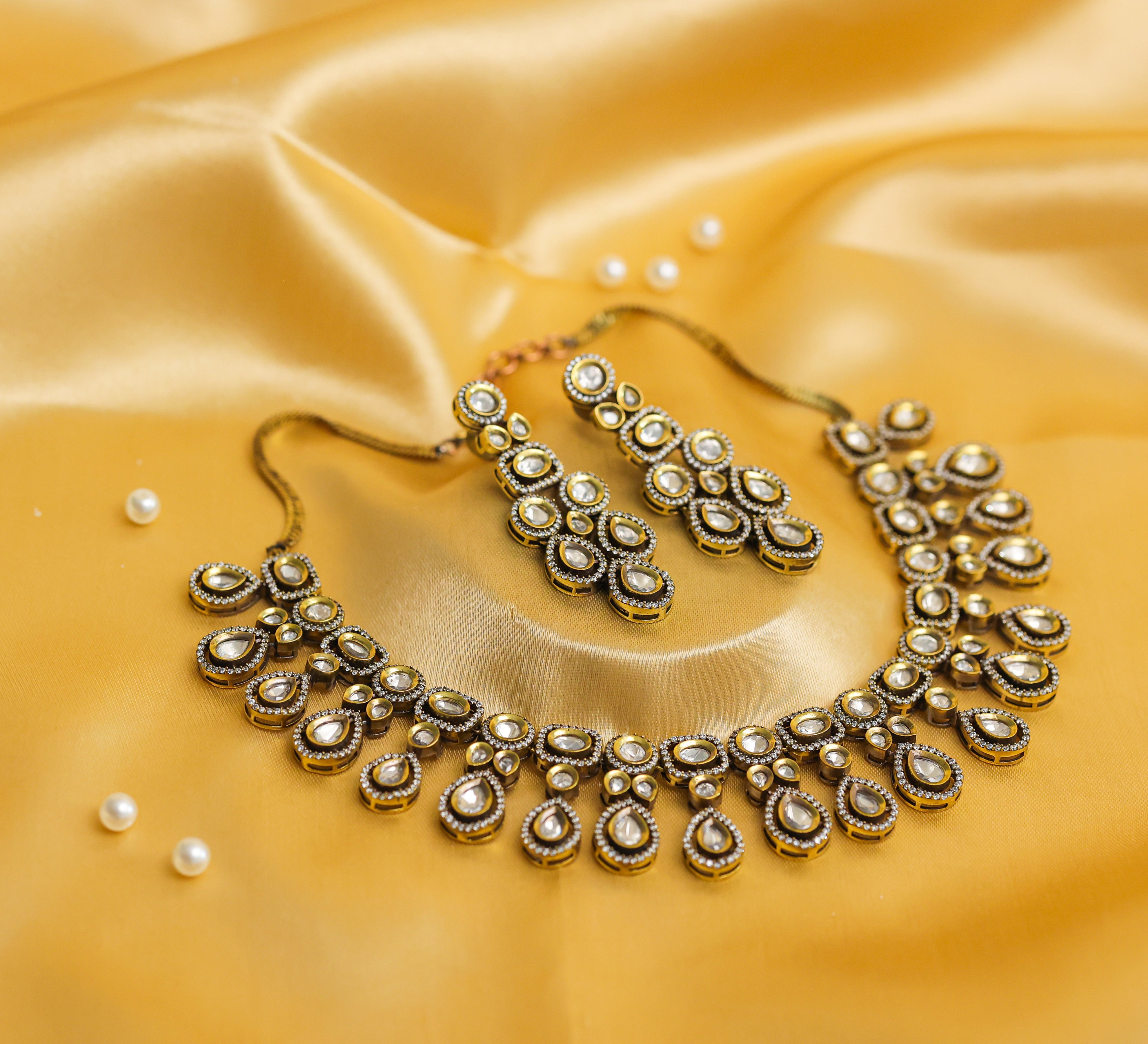 Kundan Polki Necklace Set with Victorian Polish - Adisha Jewels