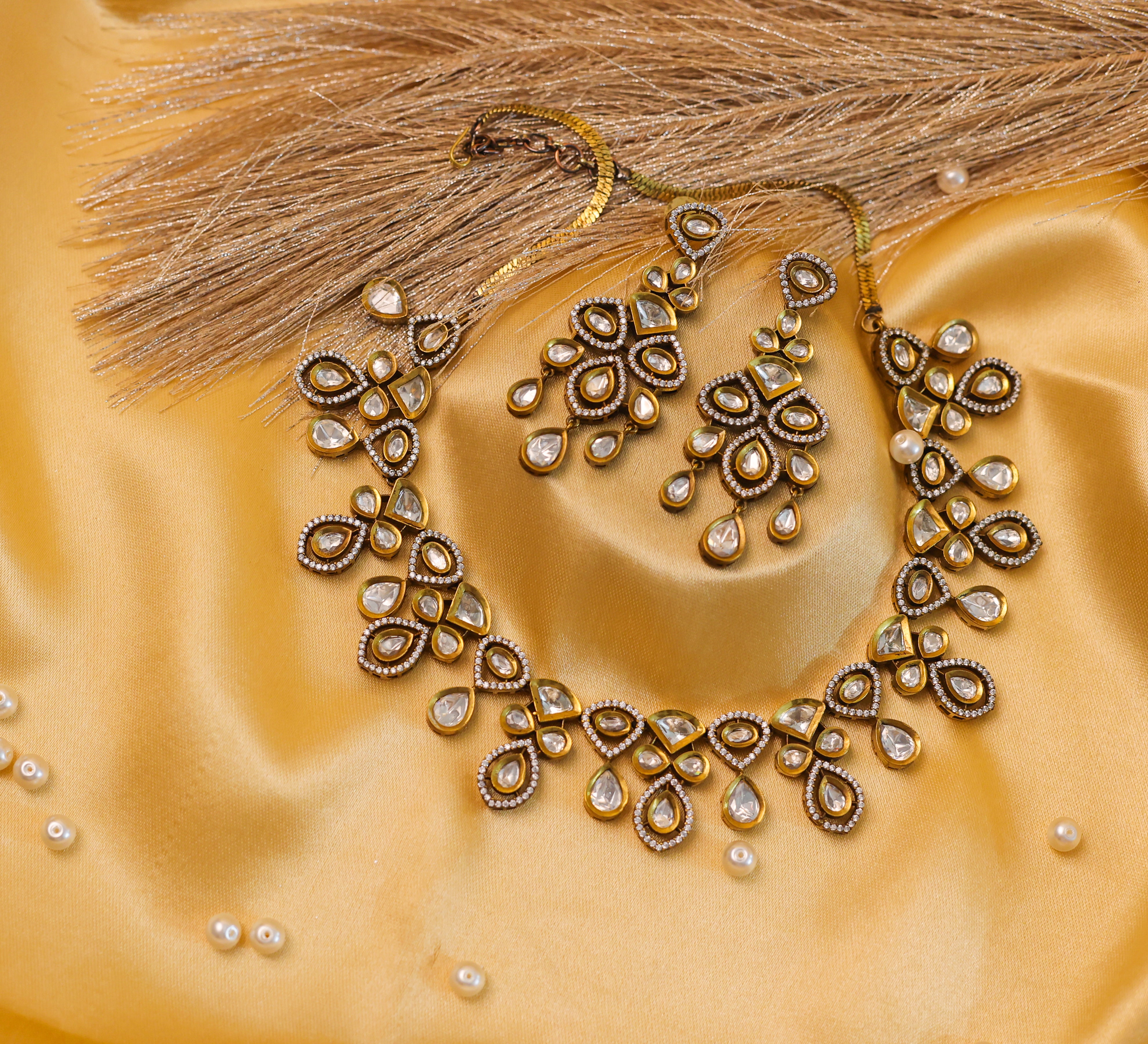 Kundan Polki Necklace Set with Victorian Polish - Adisha Jewels