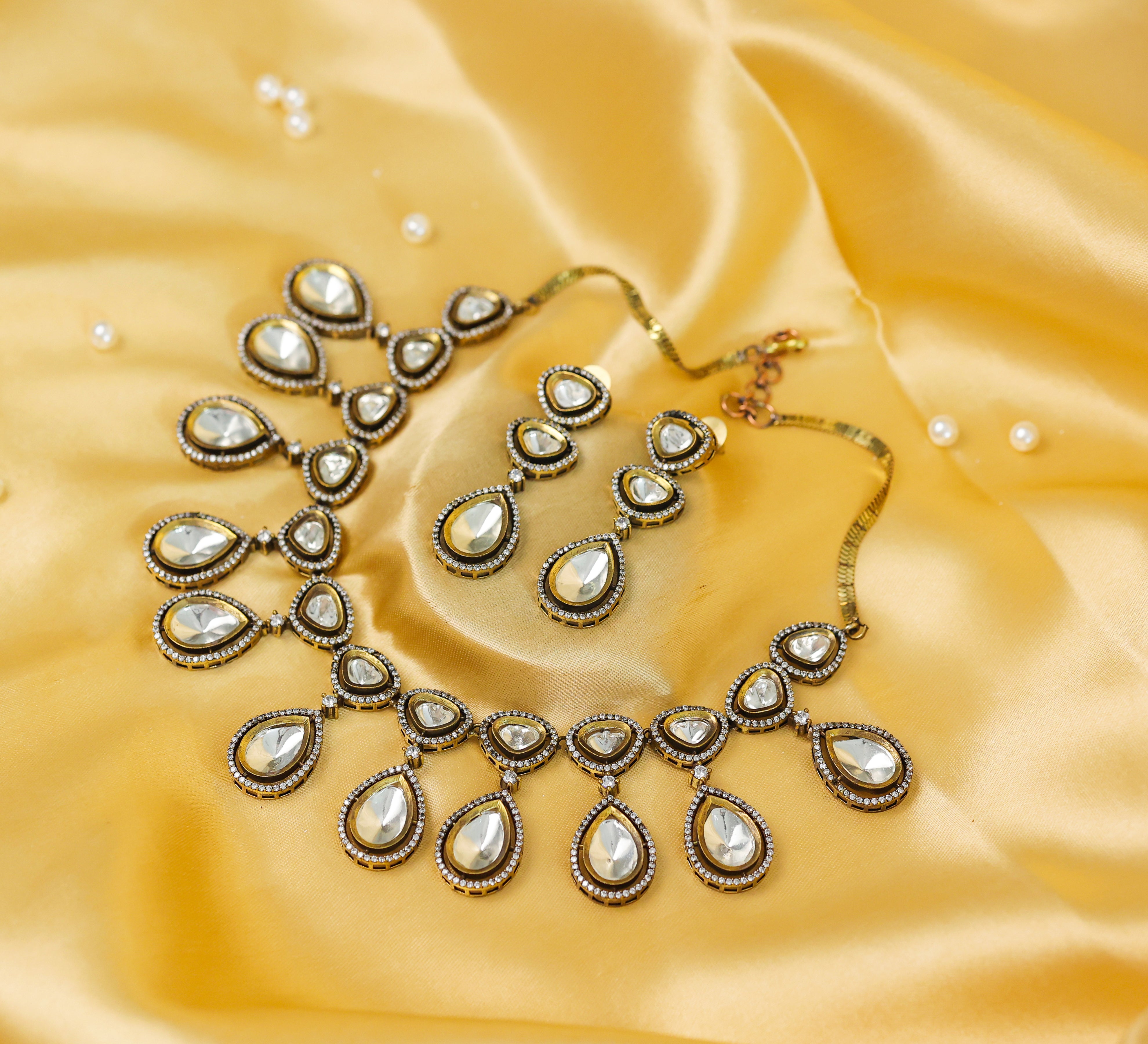 Kundan Polki Necklace Set with Victorian Polish - Adisha Jewels