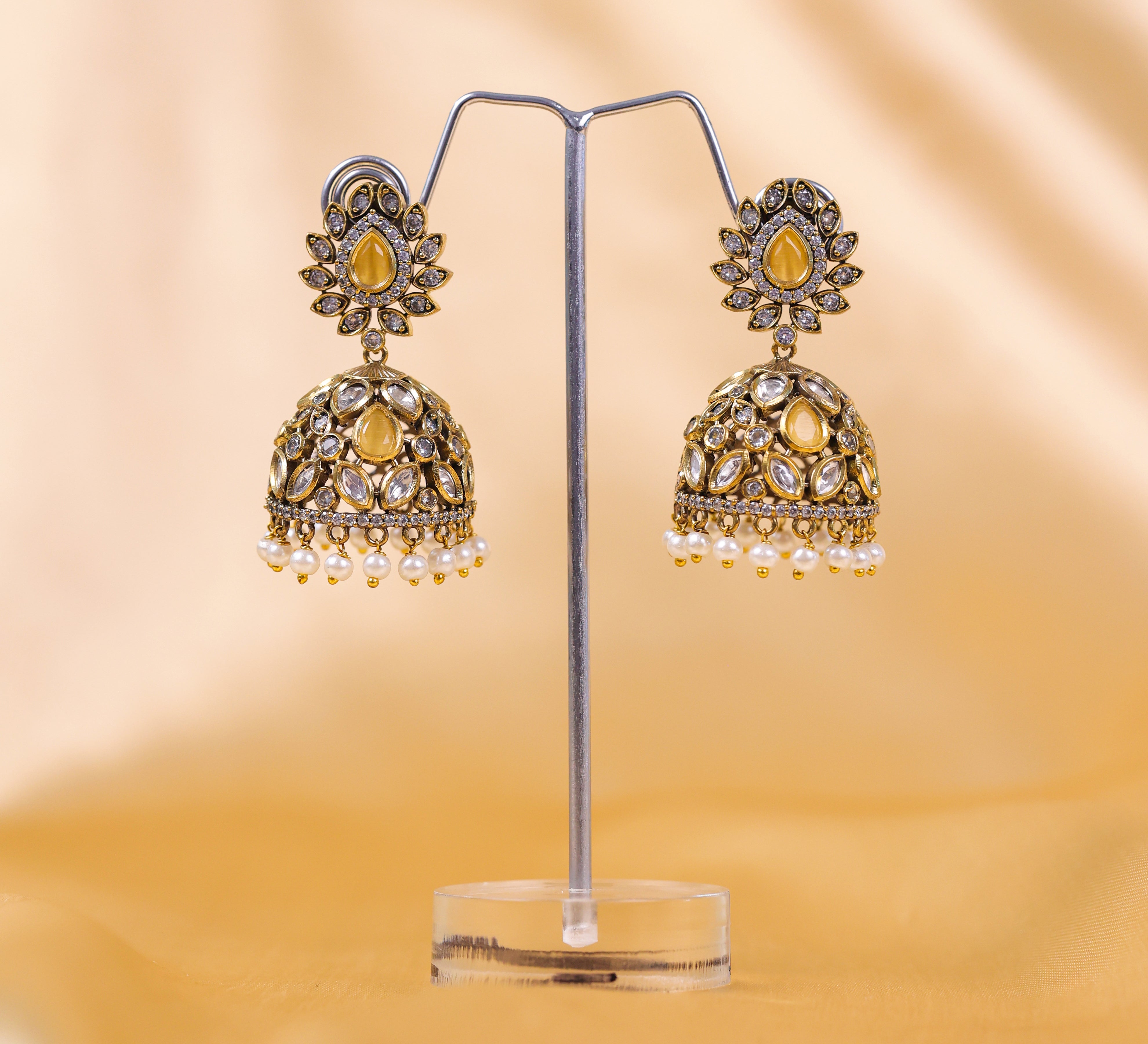 Silver Foil Victorian Jhumki Earrings with Kundan Polki and Hydro Stones - Adisha Jewels