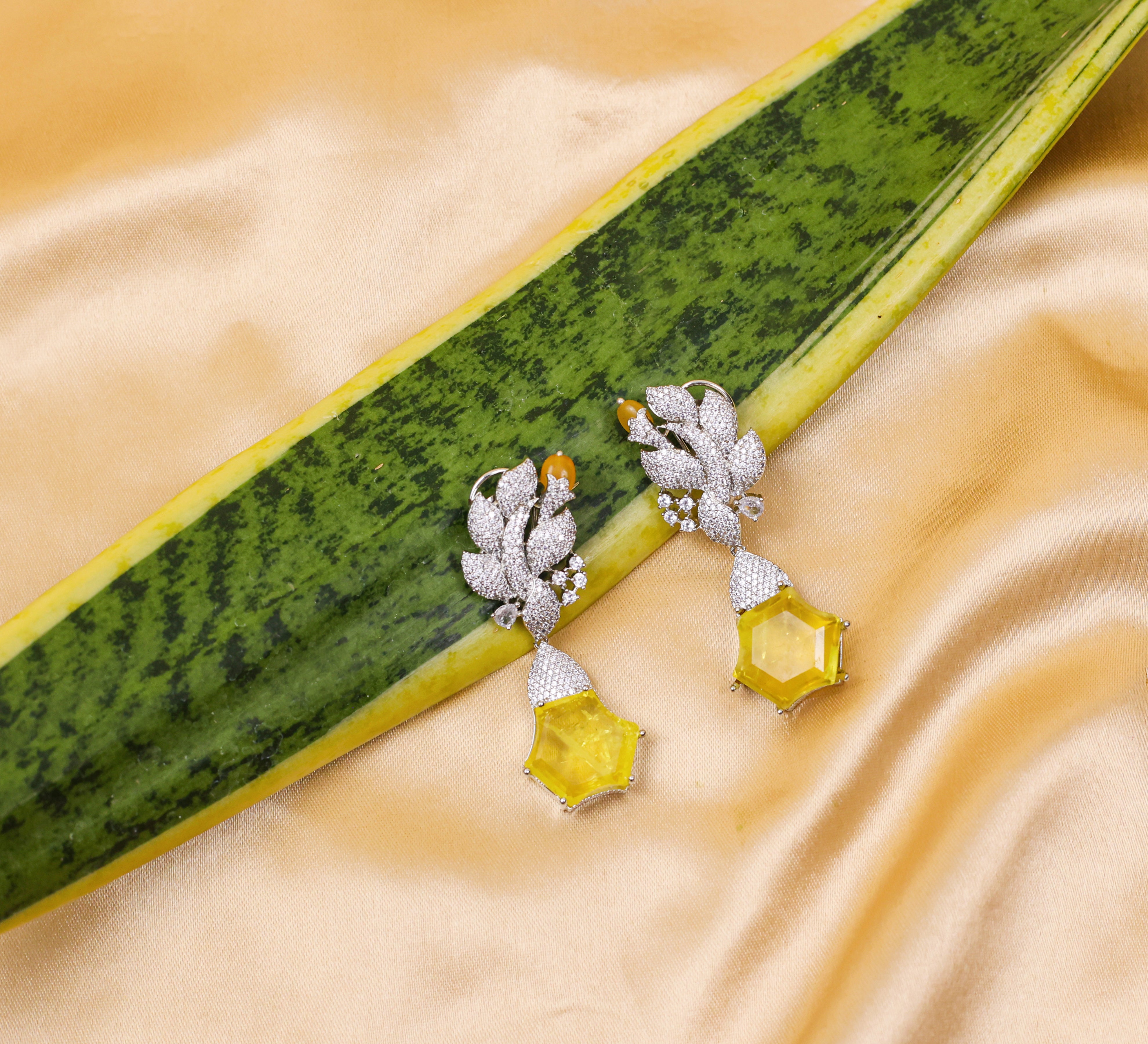 Beaded Earrings with Doublet Stones and CZ in White Rhodium - Adisha Jewels